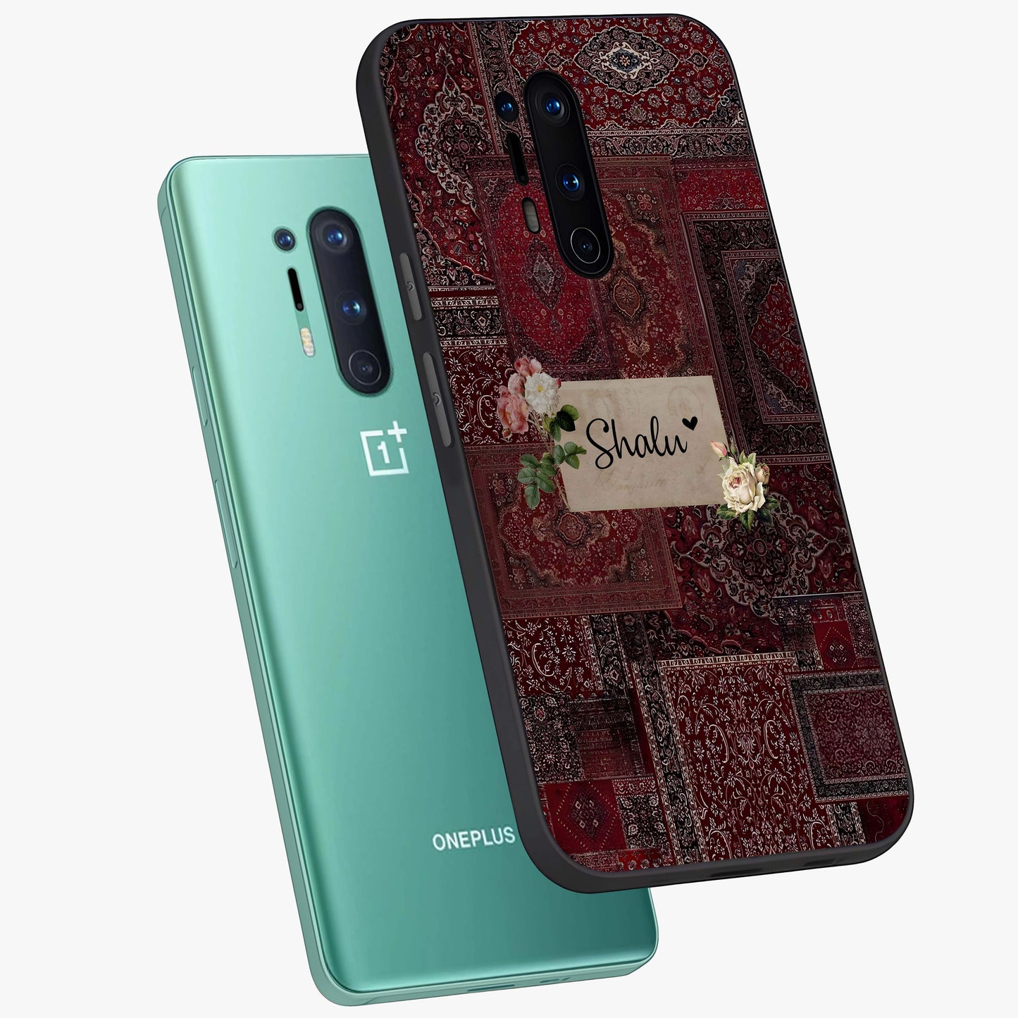 Velvet Wine Pattern Custom Name Glass Case displayed in angled mockup highlighting decorative velvet inspired design with custom name feature.