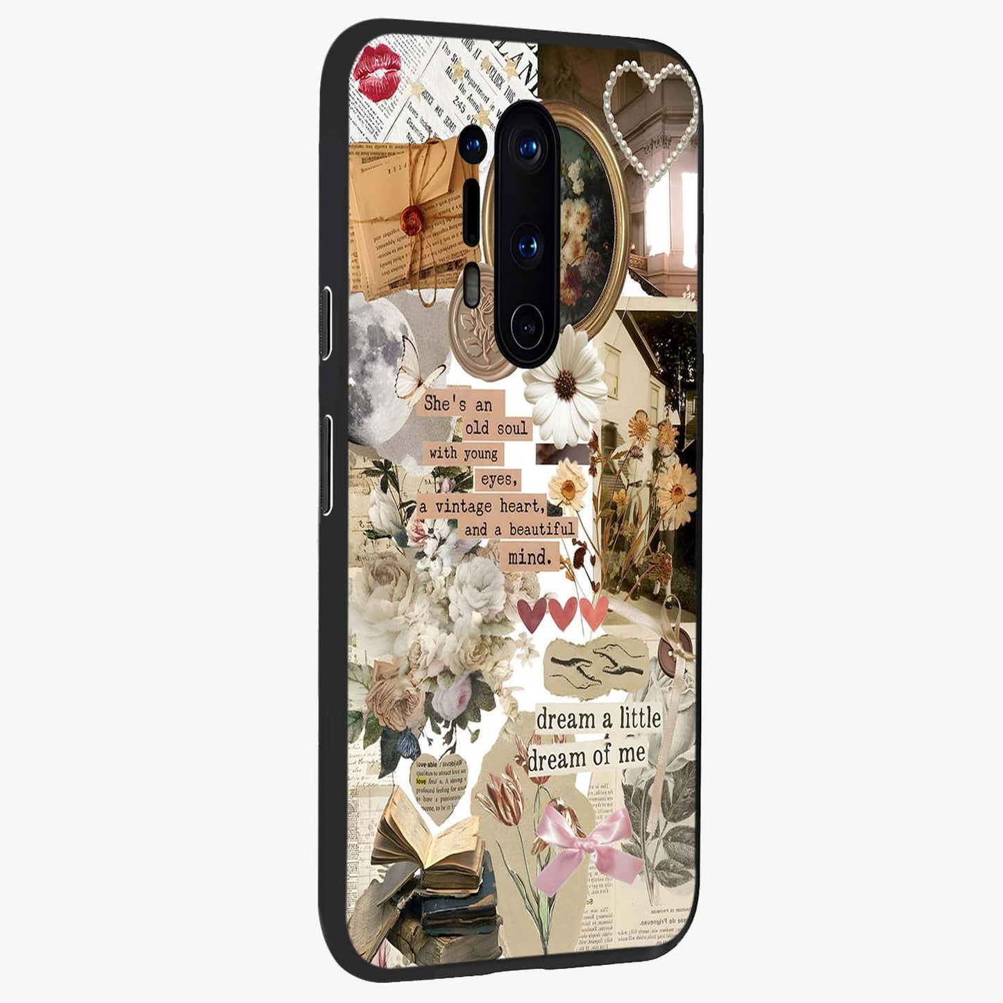 Aesthetic Brown Vintage Collage Glass Case upright view showcasing nostalgic retro artwork with stylish vintage theme.