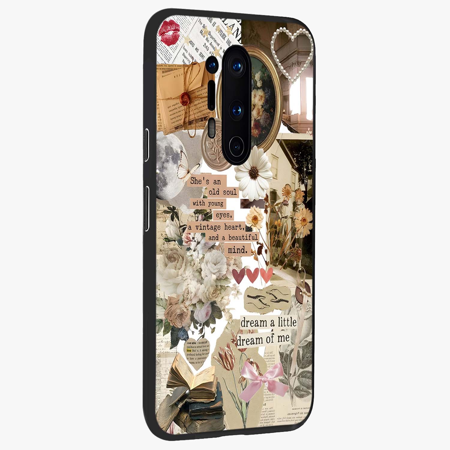 Aesthetic Brown Vintage Collage Glass Case upright view showcasing nostalgic retro artwork with stylish vintage theme.