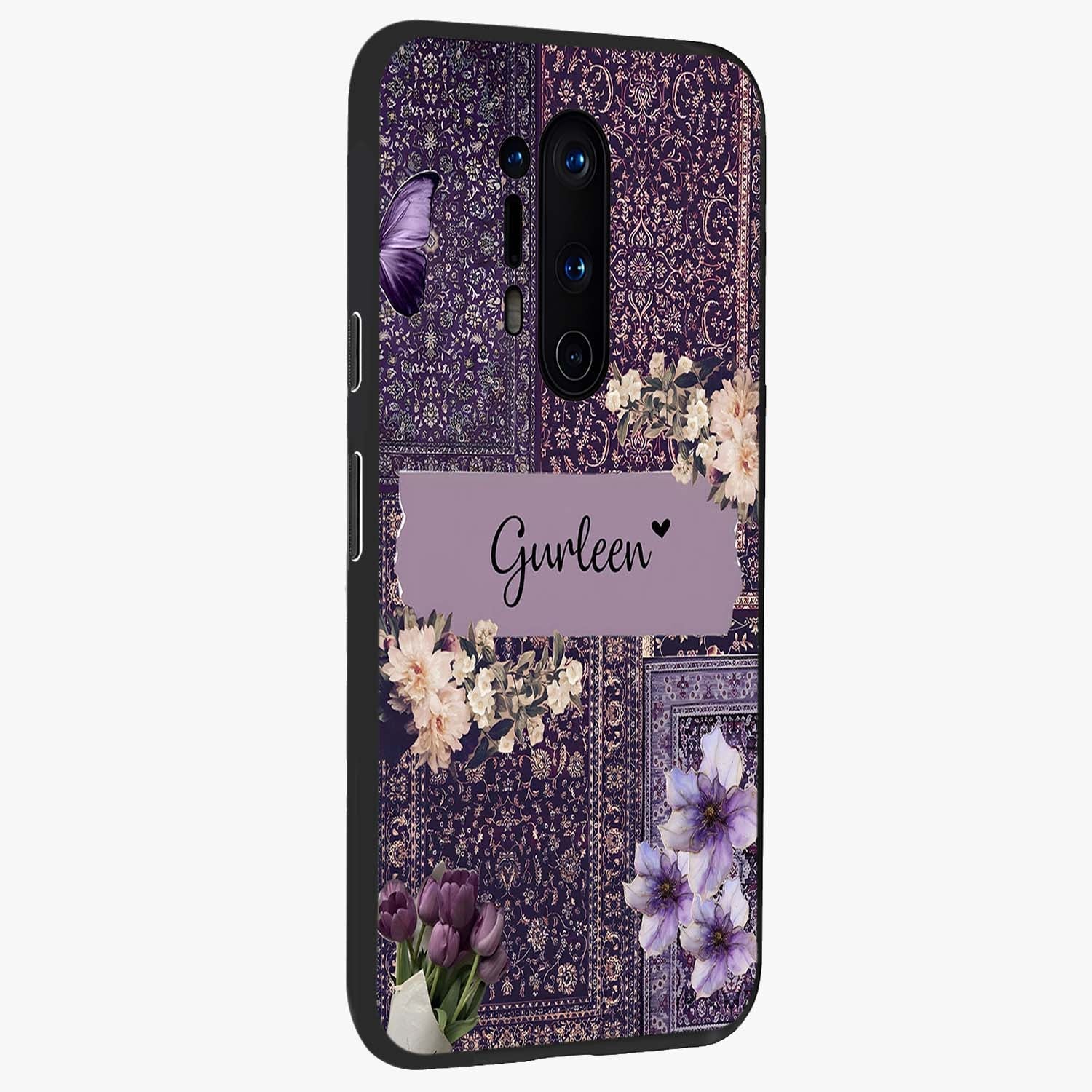 Antique Floral Whisper Custom Name Glass Case upright view showcasing delicate floral artwork with custom name feature.