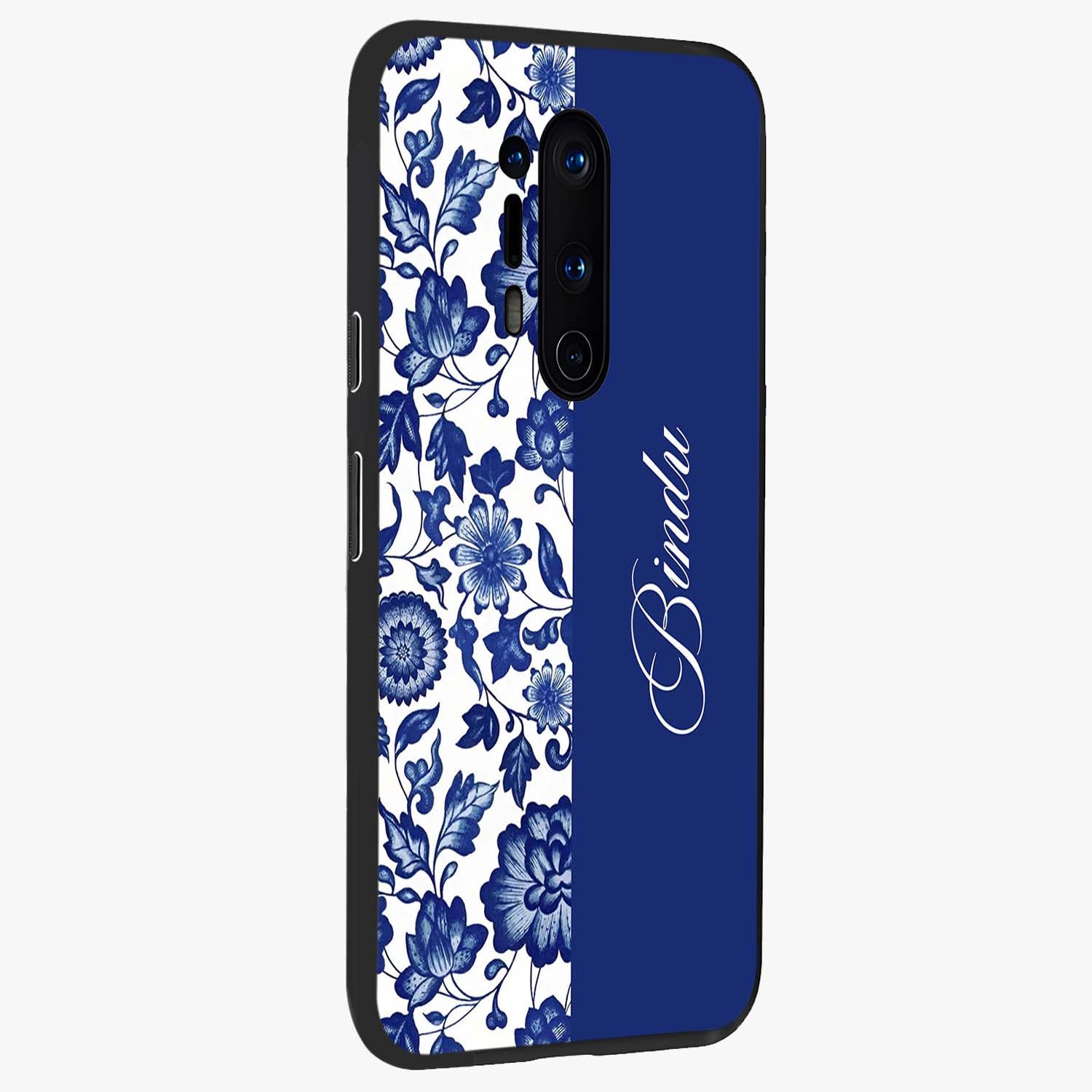Blue Vintage Floral Pattern Glass Case upright view showcasing delicate blush floral texture with modern minimal style.
