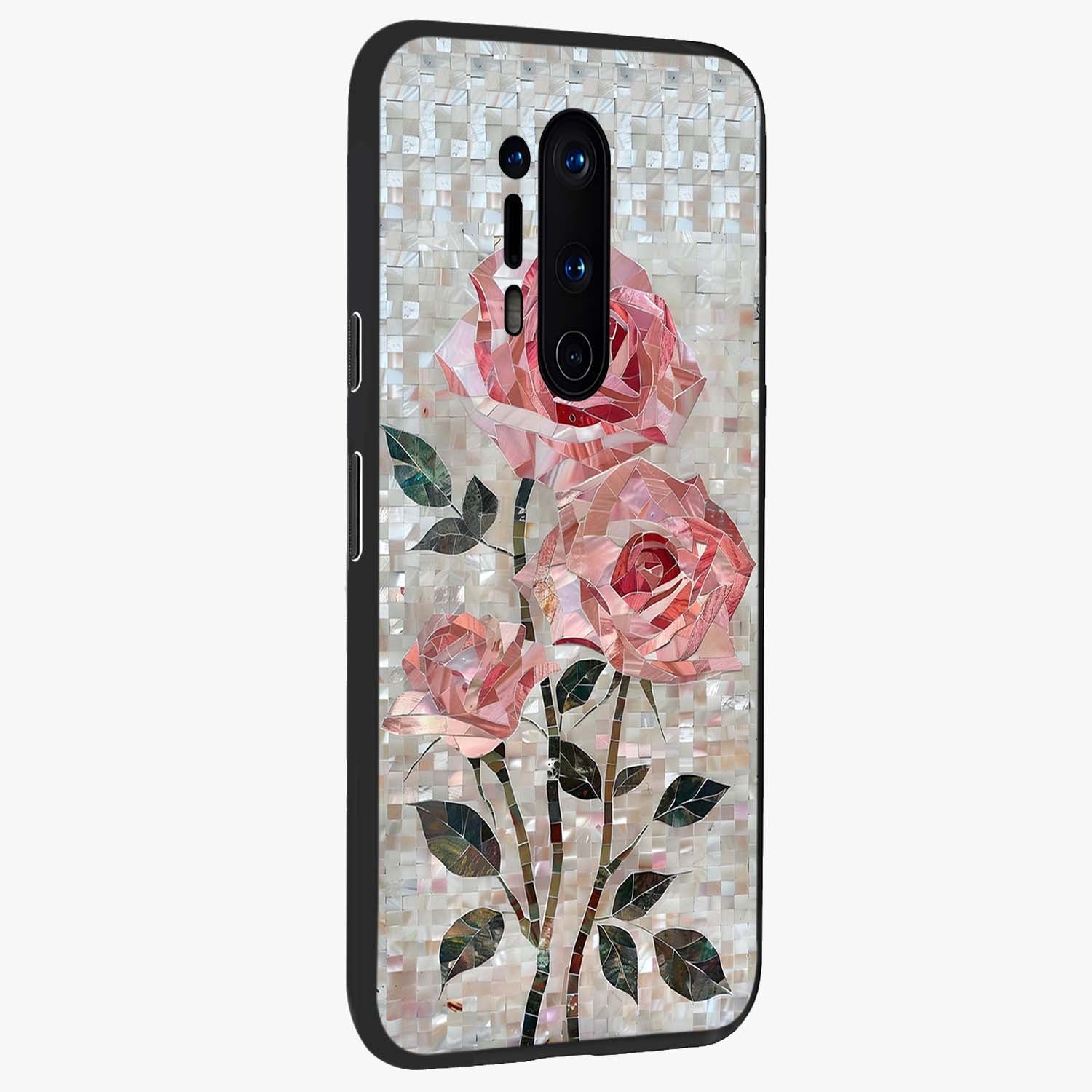 Blush Mosaic Bloom Glass Case upright view showcasing decorative floral mosaic artwork with stylish modern aesthetic.