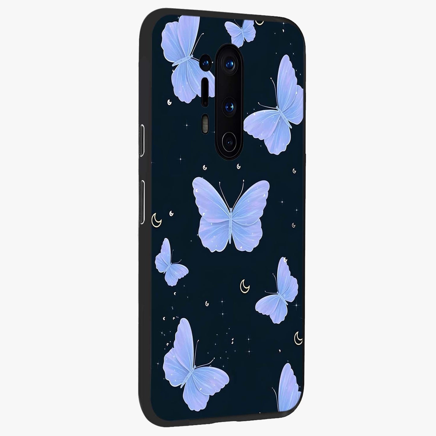 Butterfly With Stars Pattern Glass Case upright view showcasing celestial butterfly artwork with sparkling star elements.