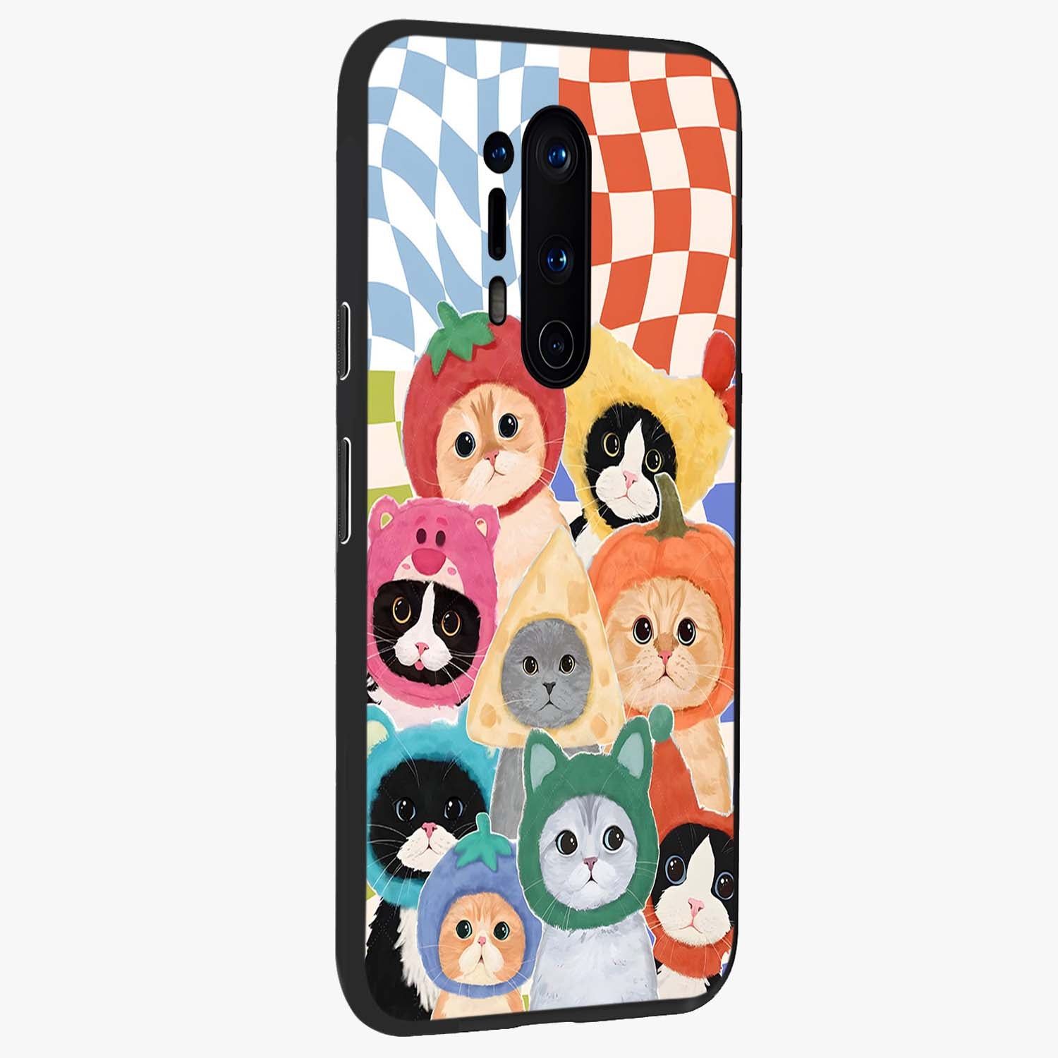 Cats in Fruits Glass Case upright view showcasing charming cat artwork with fun fruity theme.