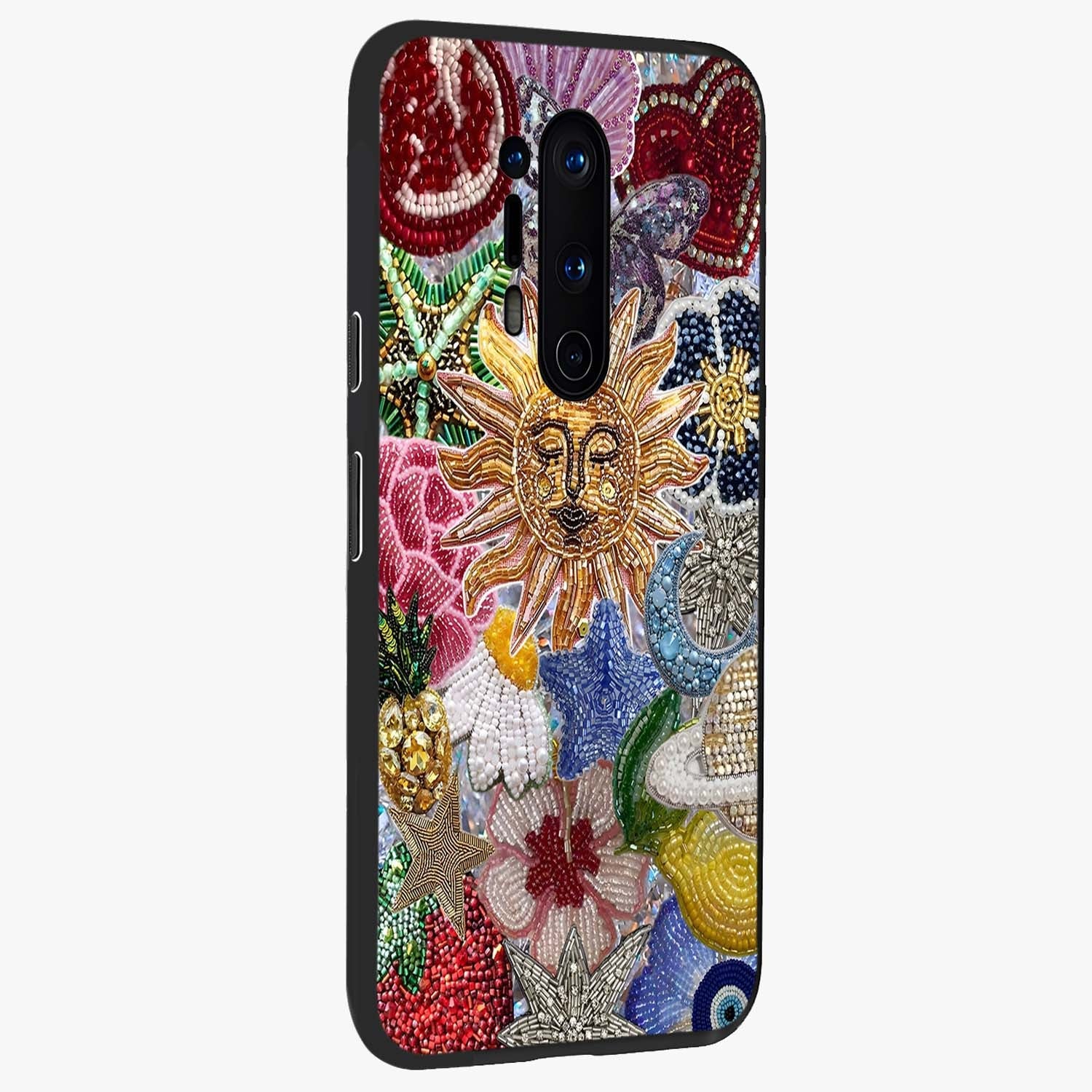 Celestial Floral and Playful Glass Case upright view showcasing whimsical floral artwork with cosmic aesthetic theme.