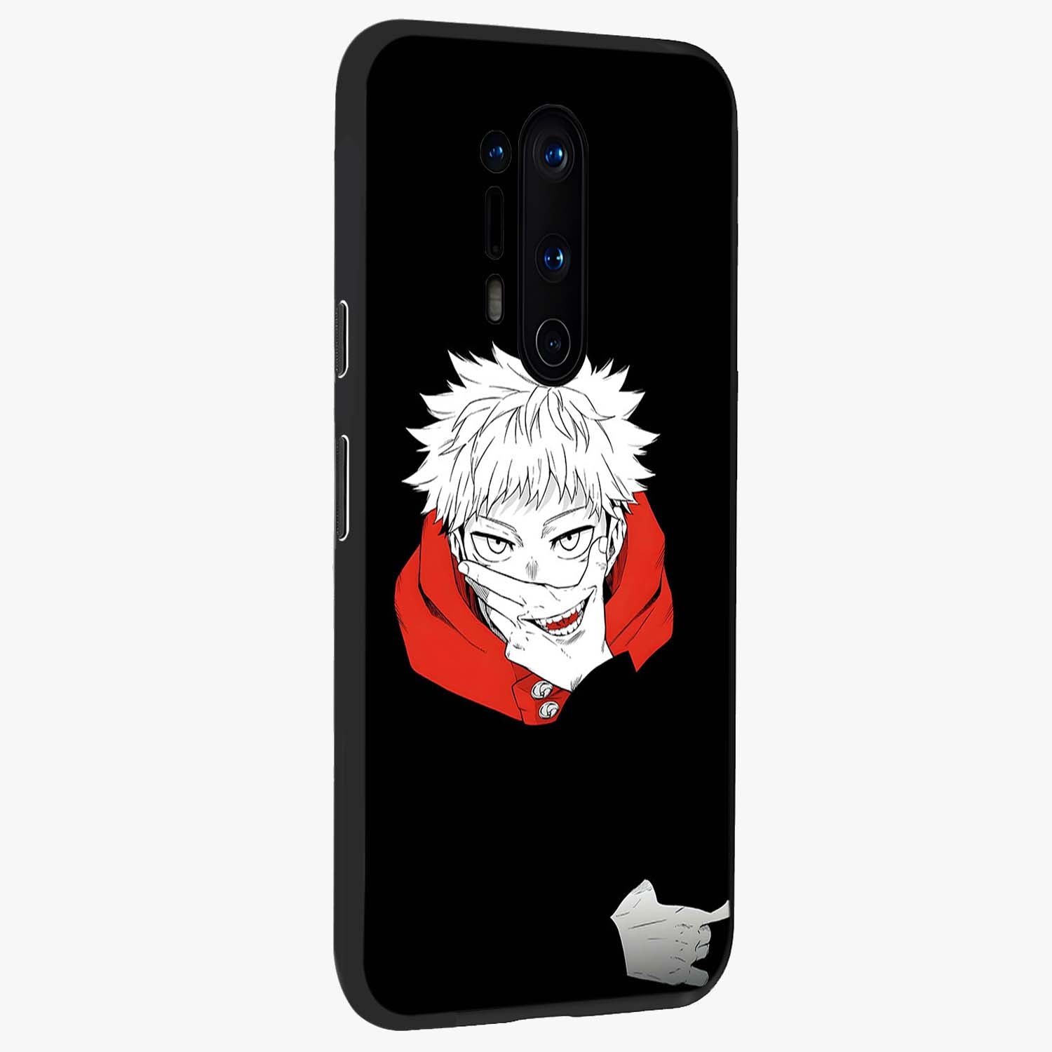Crimson Chaos Smile Glass Case upright view showcasing expressive chaotic artwork with striking visual theme.