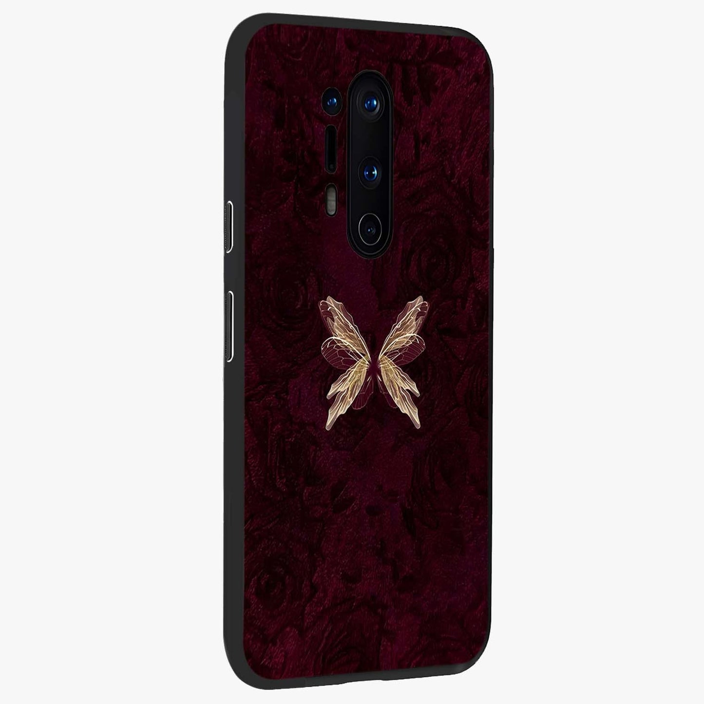 Crimson Fade Butterfly Glass Case upright view showcasing graceful butterfly artwork with soft crimson fade effect.
