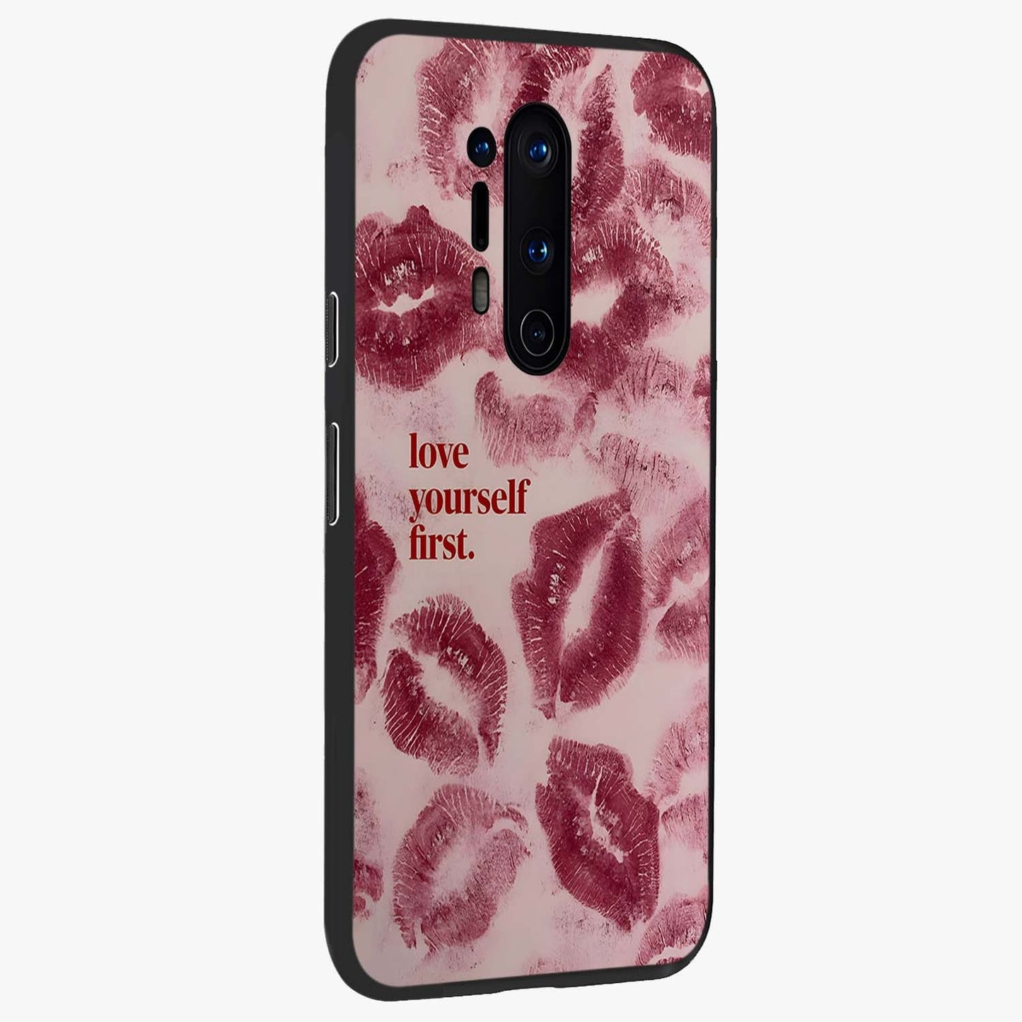 Crimson Kiss Love Glass Case upright view showcasing expressive romantic artwork with deep crimson theme.