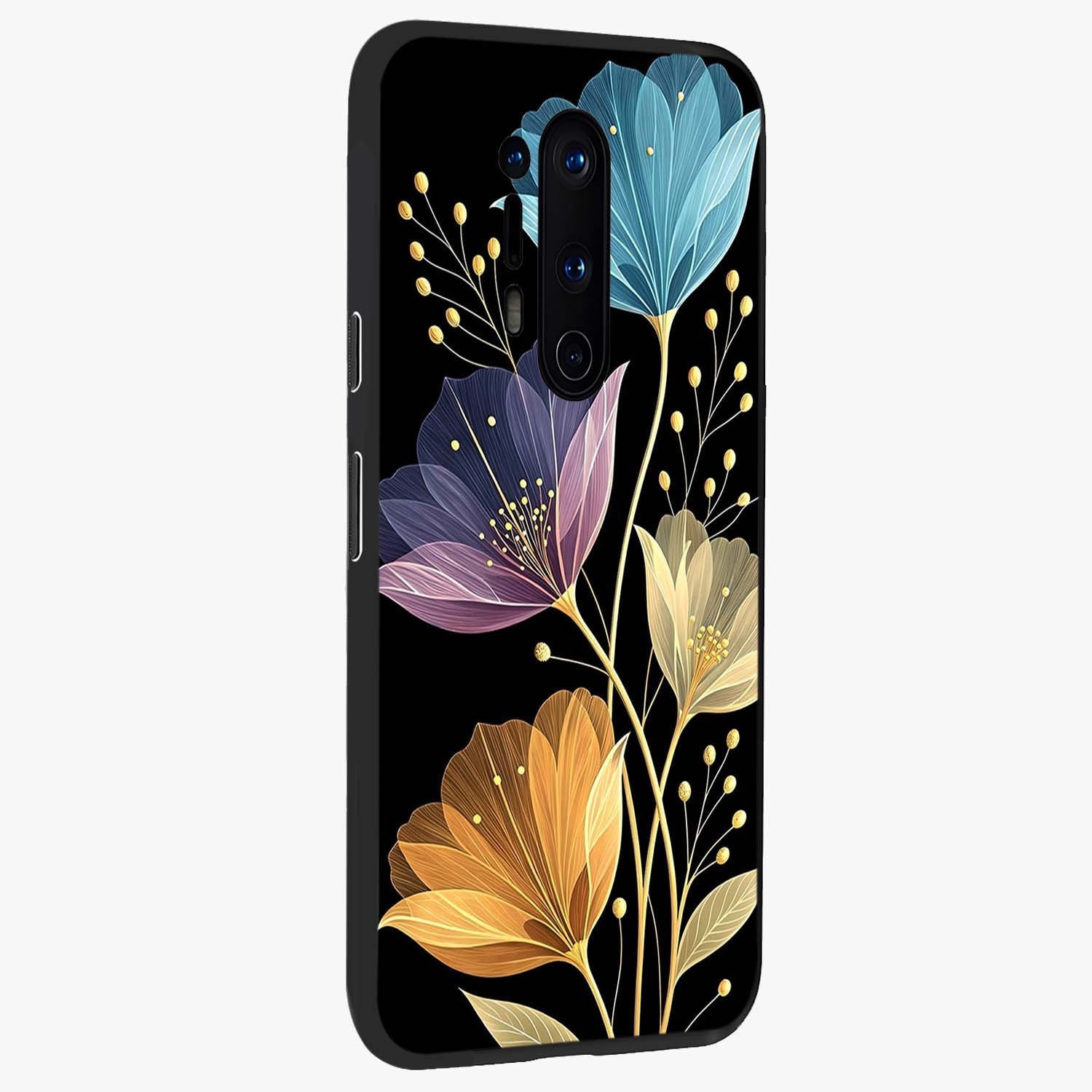 Delicate Multicolor Flowers Glass Case upright view showcasing delicate floral artwork with bright botanical theme.