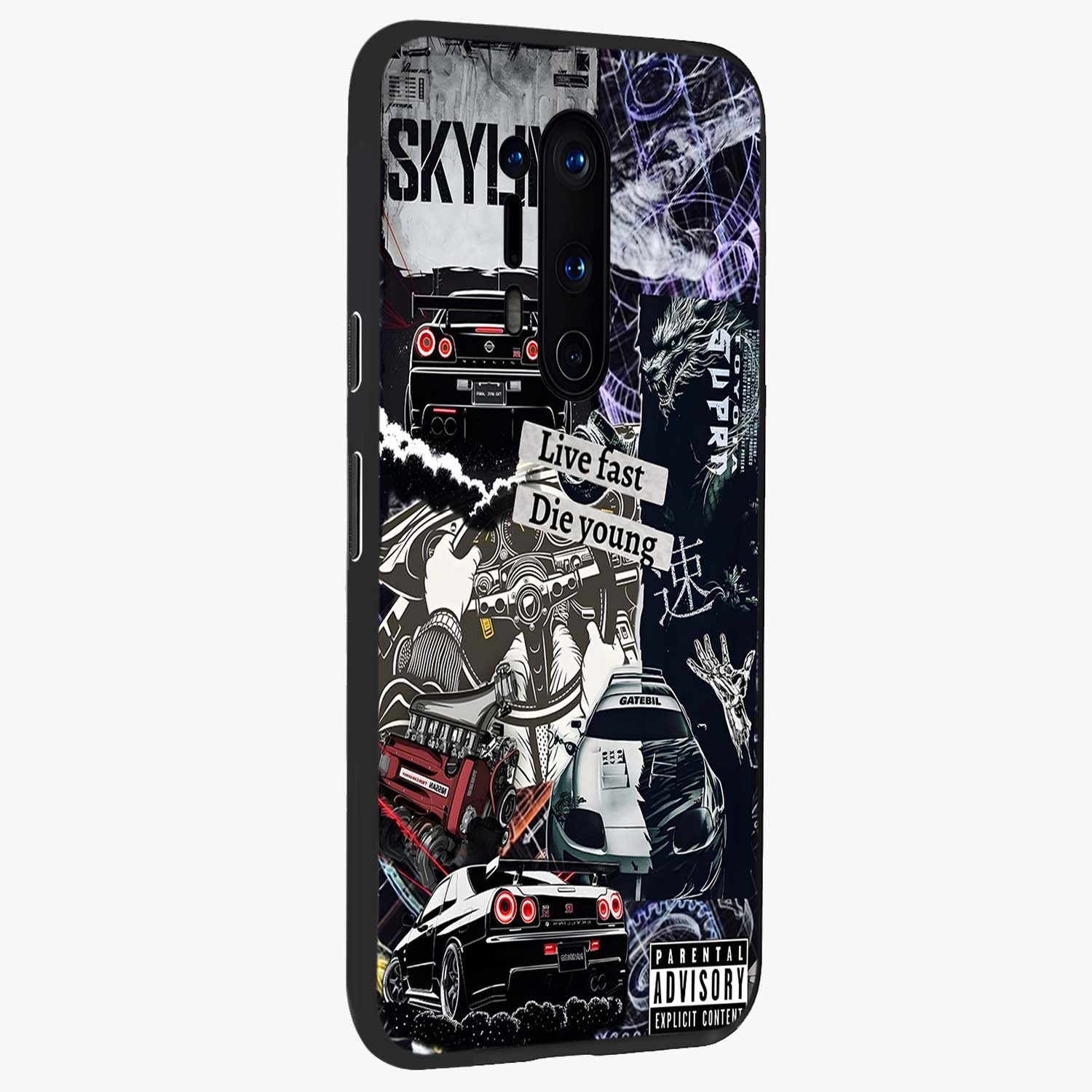 Die Young Glass Case upright view showcasing striking typography artwork with modern statement theme.