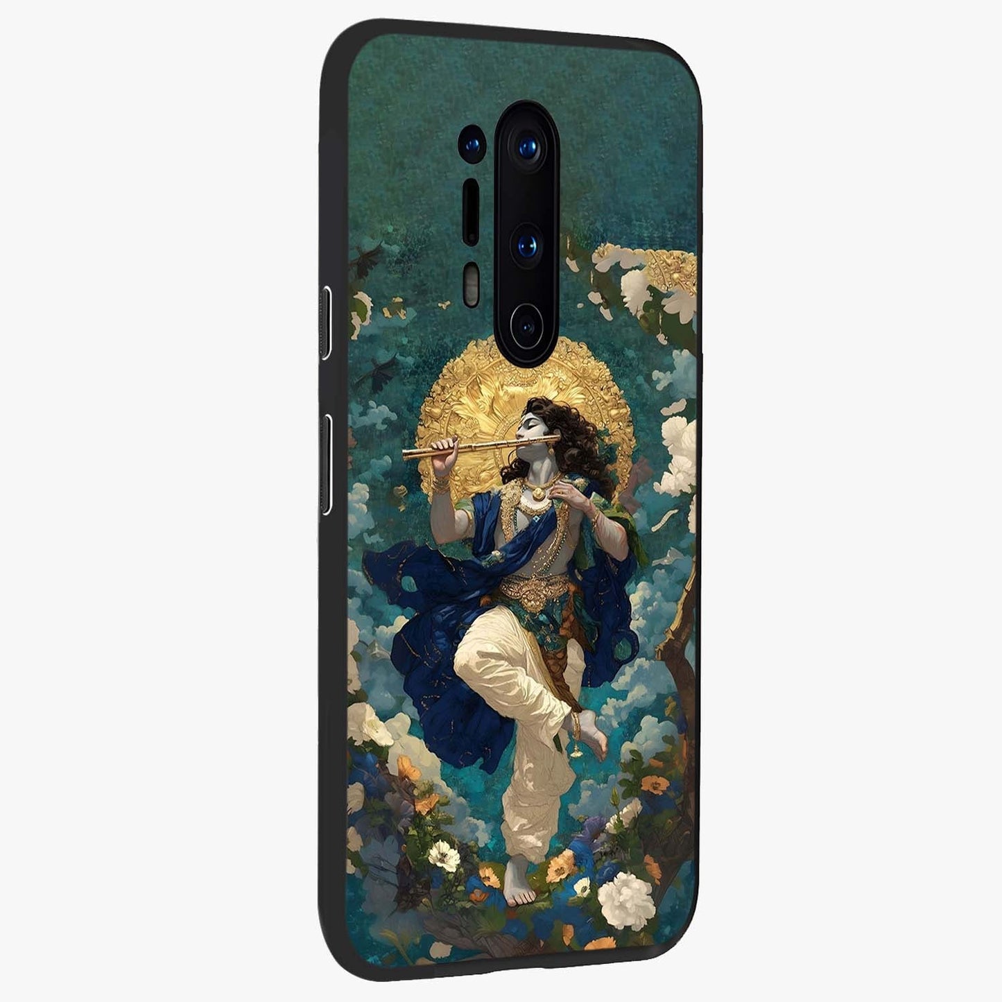 Divine Krishna Art Glass Case upright view showcasing divine Krishna artwork with sacred artistic theme.