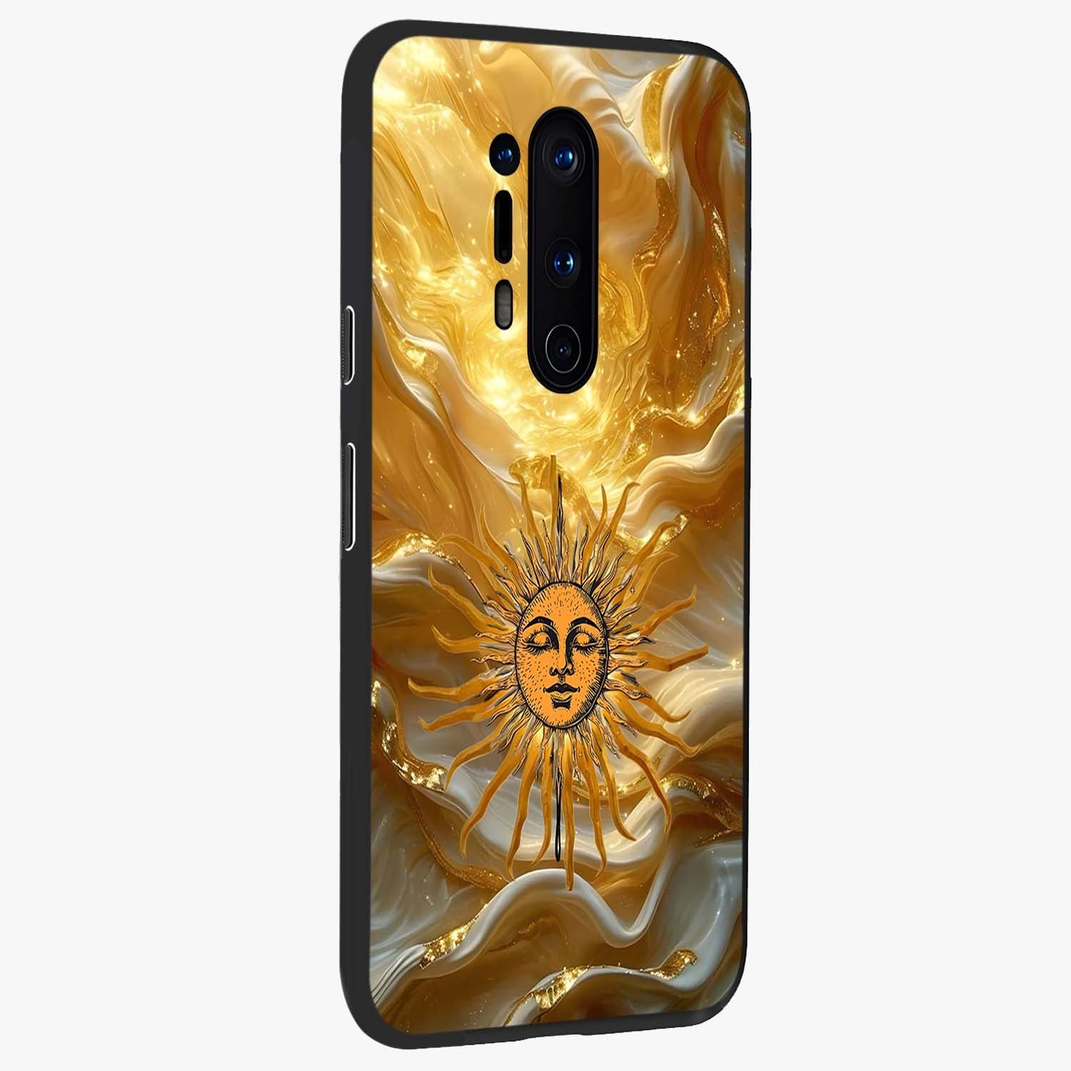 Eternal Golden Glow Glass Case upright view showcasing luminous golden artwork with luxurious visual theme.