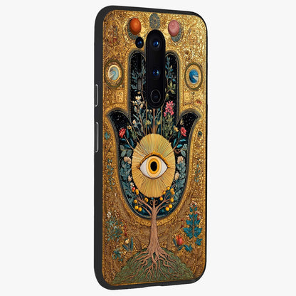 Ethereal Evil Eye Glass Case upright view showcasing celestial evil eye artwork with mystical theme.