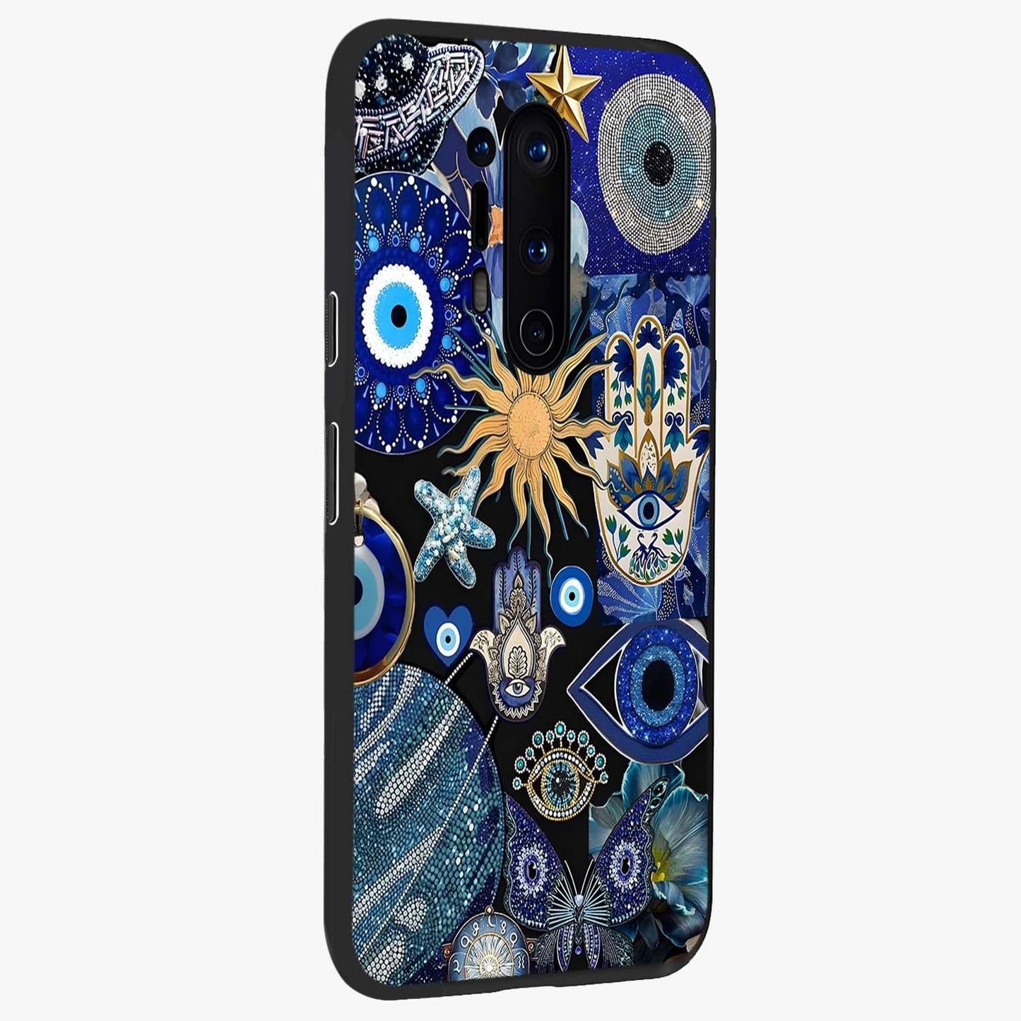 Evil Eye Charm Mix Glass Case upright view showcasing mystical evil eye pattern with vibrant decorative style.