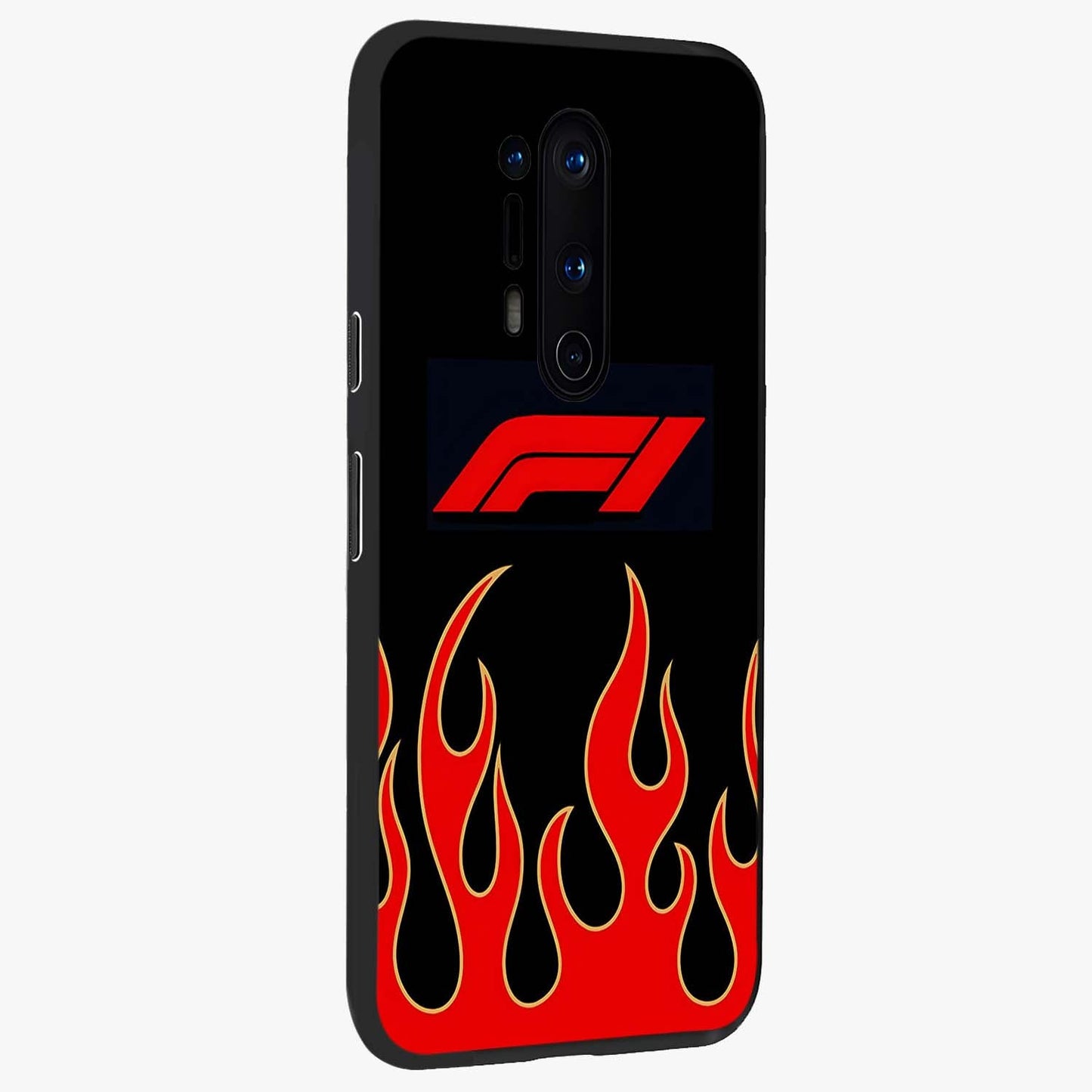 Fire F11 Glass Case upright view showcasing dynamic flame artwork with intense visual theme.