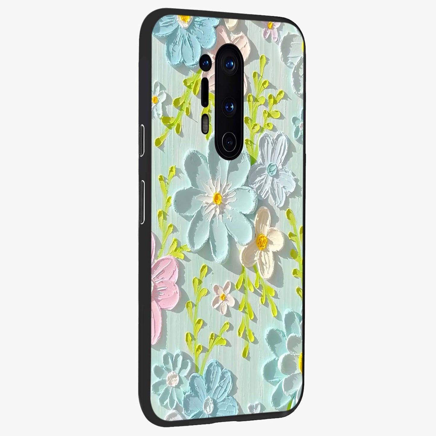 Frosted Petal Garden Glass Case upright view showcasing elegant floral garden artwork with soothing pastel theme.