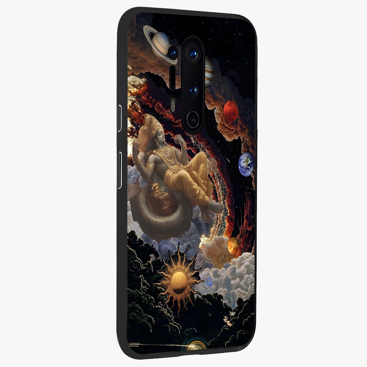 Galactic Divine God Glass Case upright view showcasing mystical divine artwork with dramatic cosmic theme.