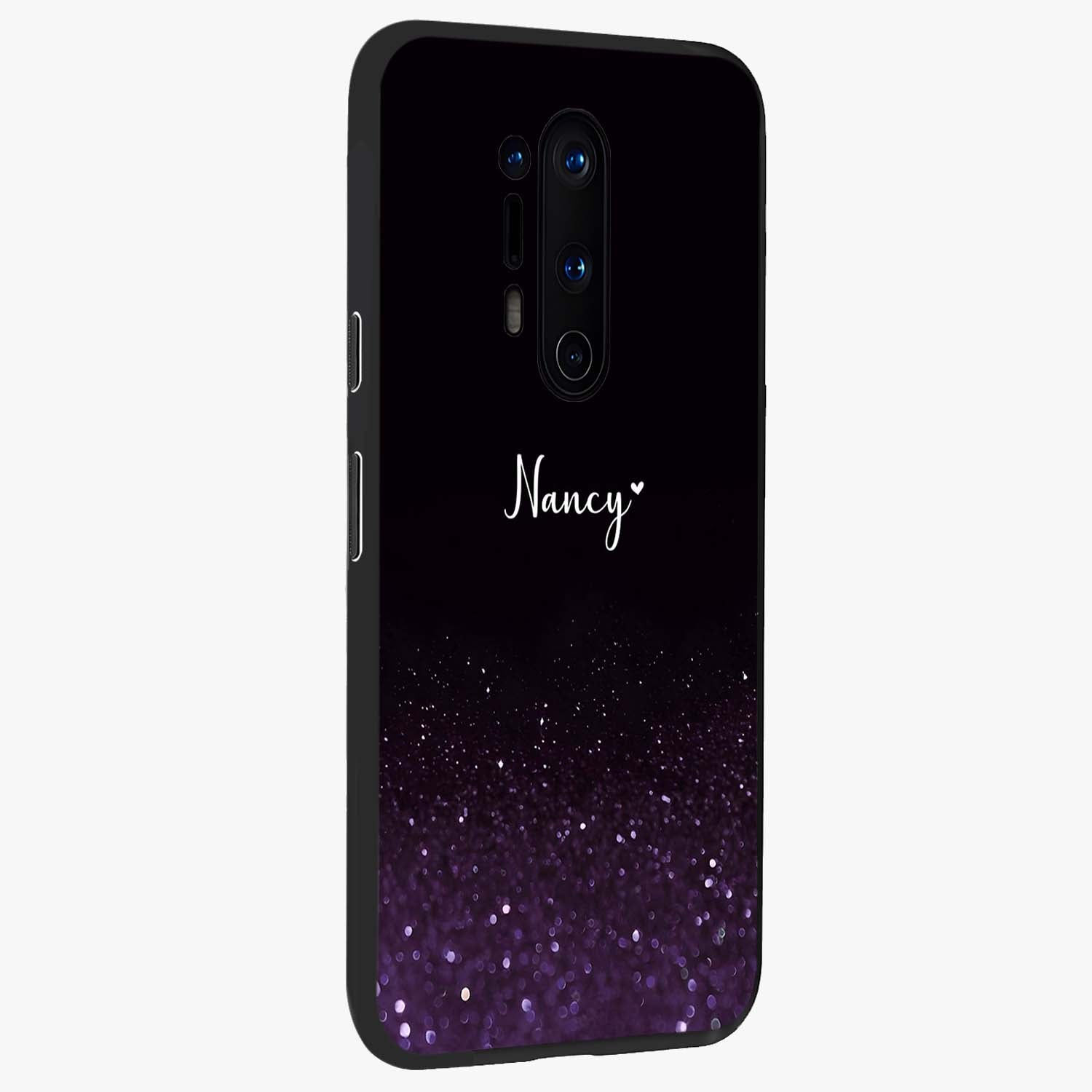 Glittery Purple Bokeh Custom Name Glass Case upright view showcasing vibrant purple sparkle artwork with personalized aesthetic style.