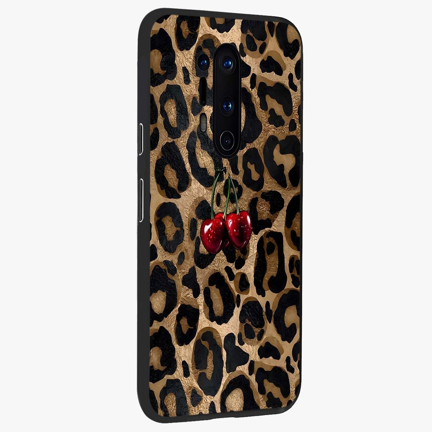 Leopard Wild Cherry Glass Case upright view showcasing stylish leopard pattern artwork with trendy fashion theme.
