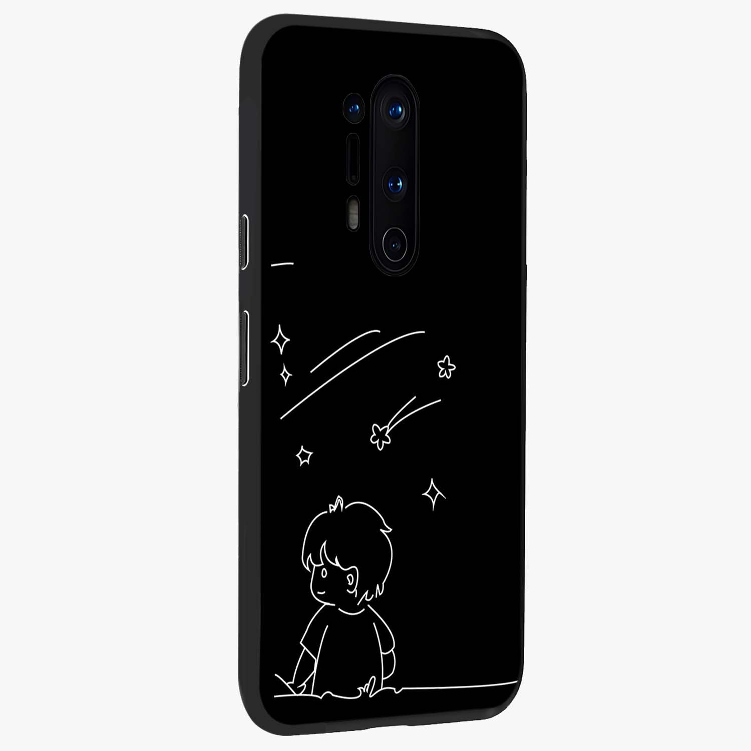 Line Art Boy With Shooting Stars Glass Case upright view showcasing artistic shooting star illustration with minimal style.