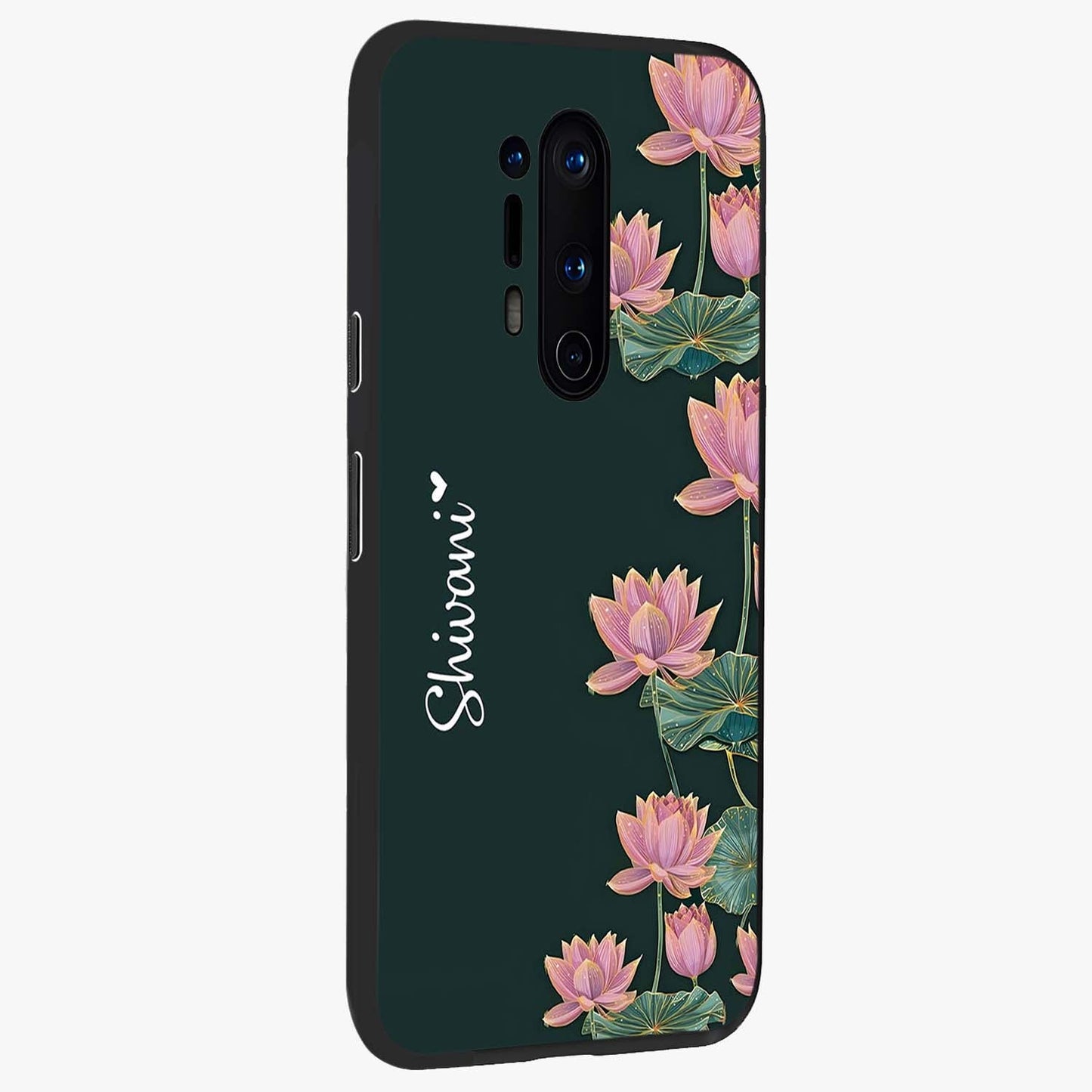 Lotus Bloom Serenity Custom Name Glass Case upright view showcasing serene lotus bloom artwork with personalized floral aesthetic.