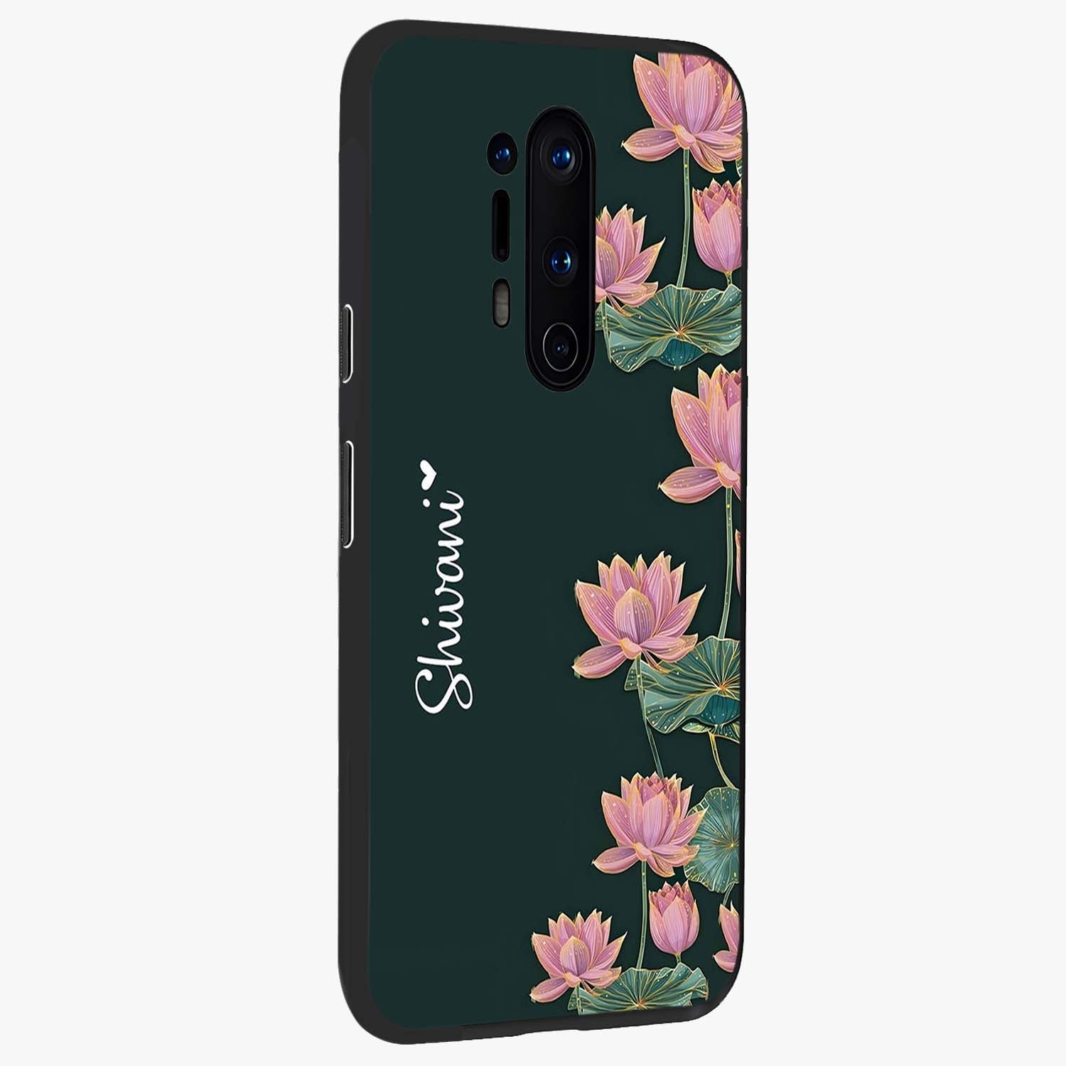 Lotus Bloom Serenity Custom Name Glass Case upright view showcasing serene lotus bloom artwork with personalized floral aesthetic.