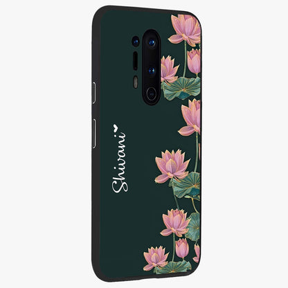 Lotus Bloom Serenity Custom Name Glass Case upright view showcasing serene lotus bloom artwork with personalized floral aesthetic.