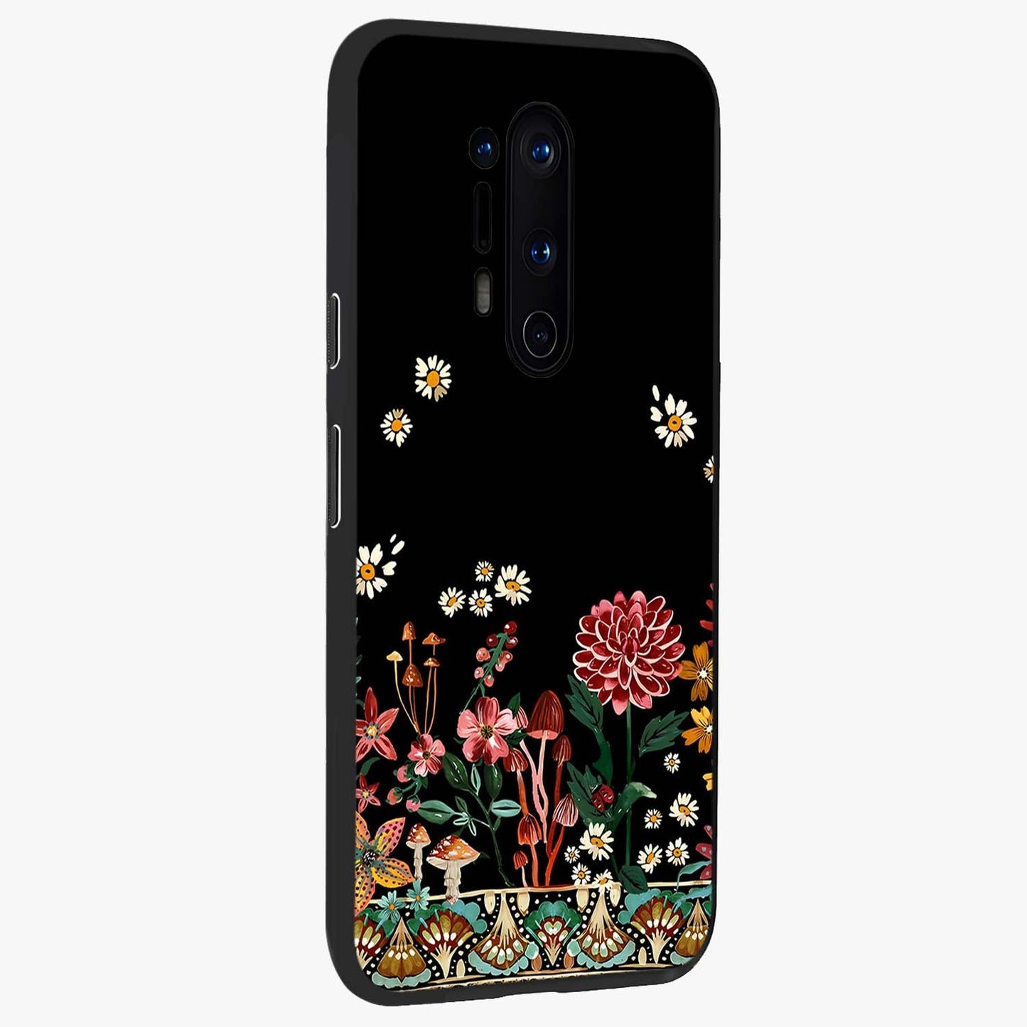 Midnight Bloom Pattern Glass Case upright view showcasing decorative floral artwork with deep night themed palette.