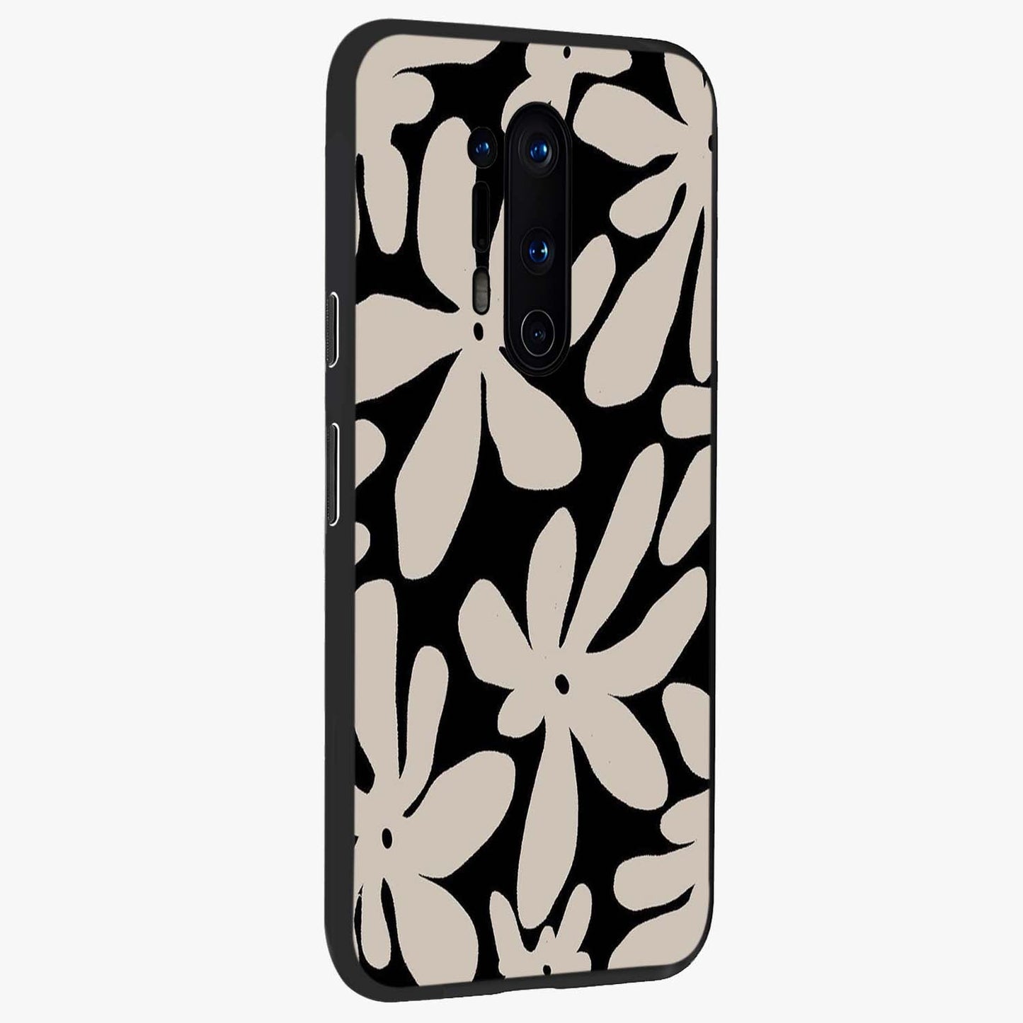 Monochrome Petal Dance Glass Case upright view showcasing artistic floral pattern with stylish monochrome theme.