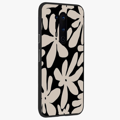Monochrome Petal Dance Glass Case upright view showcasing artistic floral pattern with stylish monochrome theme.