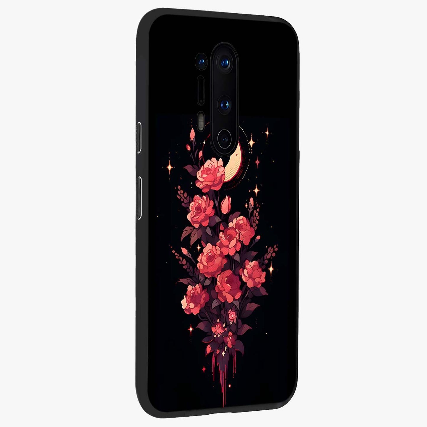 Moonlit Floral Elegance Glass Case upright view showcasing delicate floral artwork with refined night inspired theme.