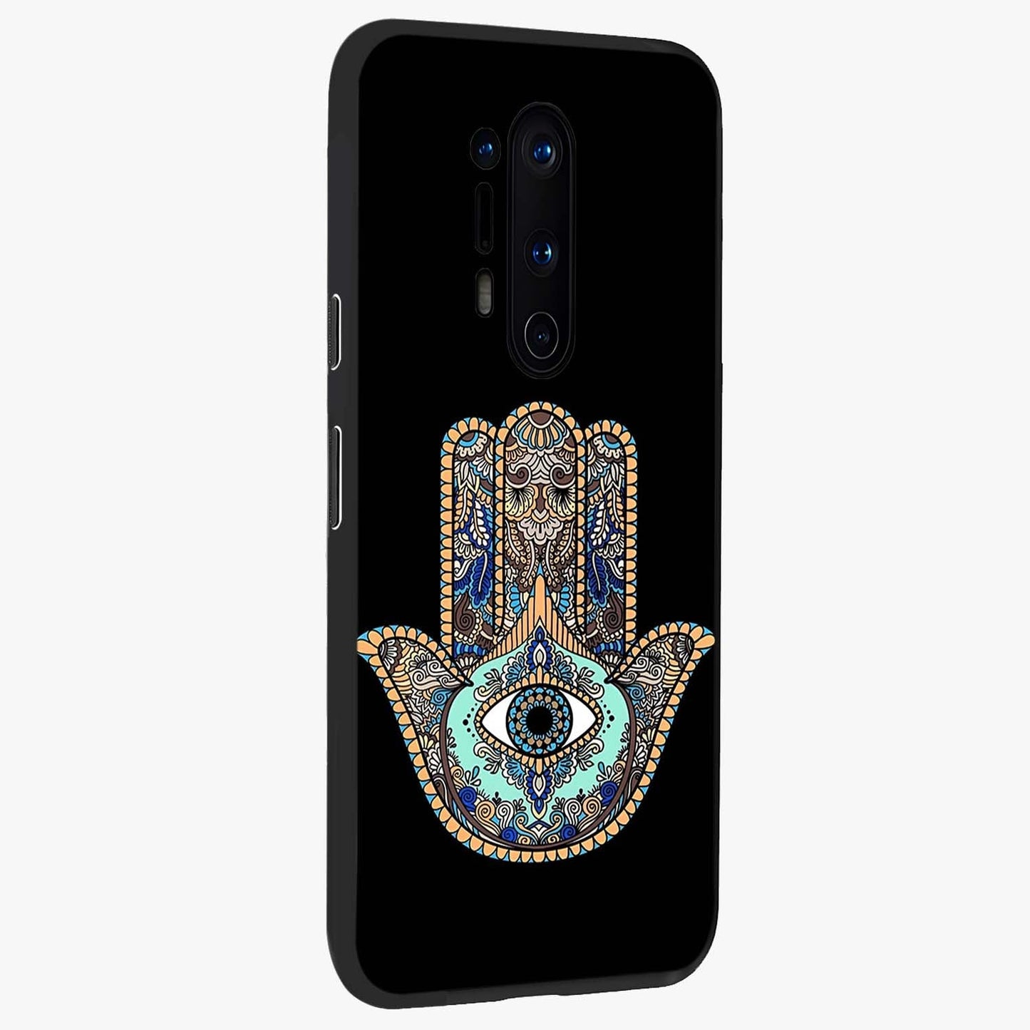 Mystic Hamsa Eye Glass Case upright view showcasing detailed hamsa eye artwork with protective spiritual theme.
