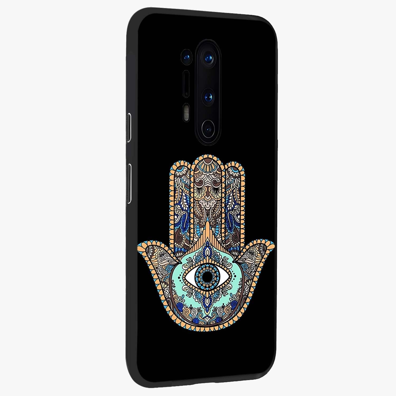 Mystic Hamsa Eye Glass Case upright view showcasing detailed hamsa eye artwork with protective spiritual theme.