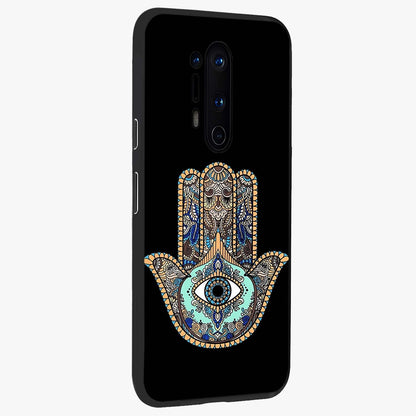 Mystic Hamsa Eye Glass Case upright view showcasing detailed hamsa eye artwork with protective spiritual theme.