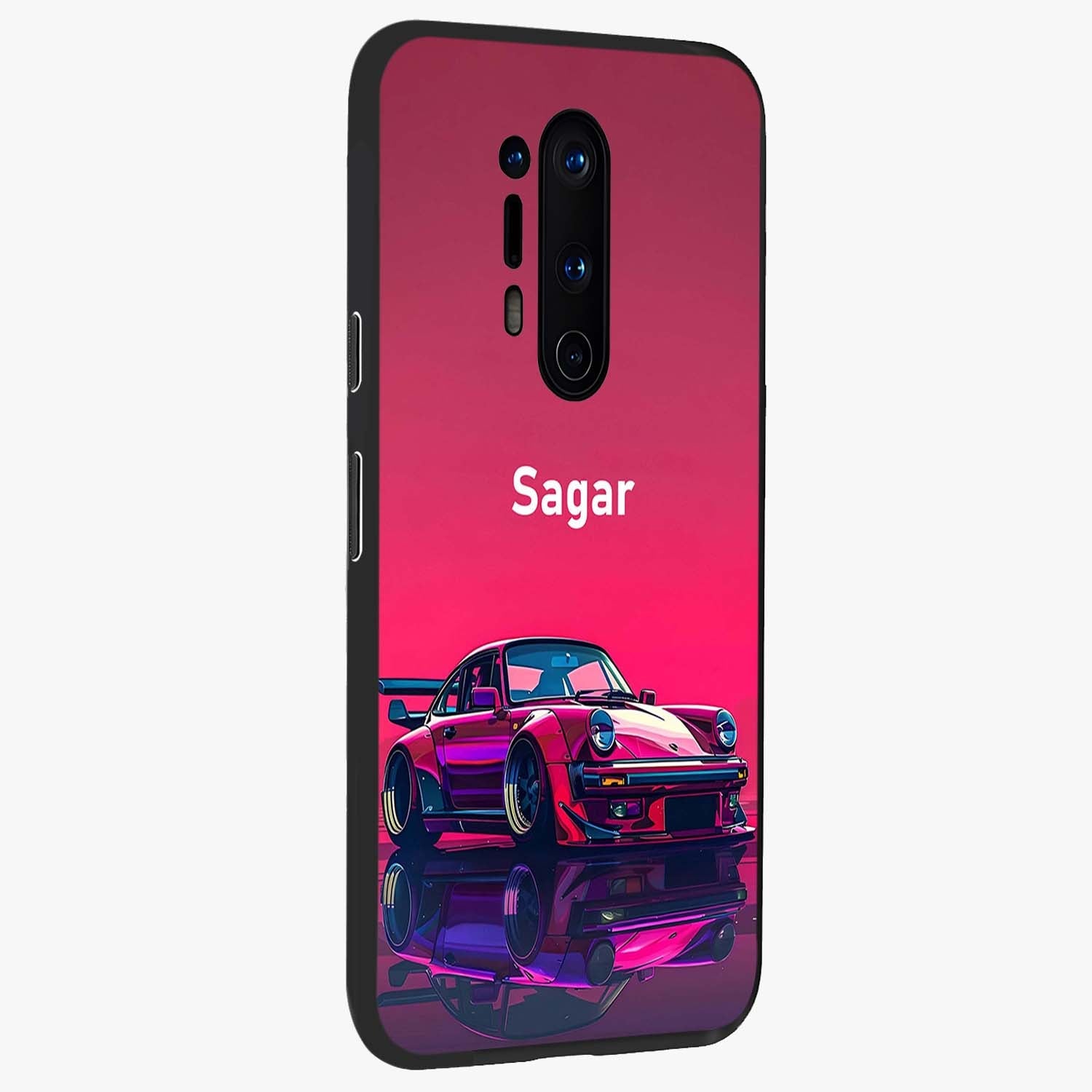 Neon Pink Porsche Glass Case upright view showcasing vibrant sports car artwork with bold automotive theme.