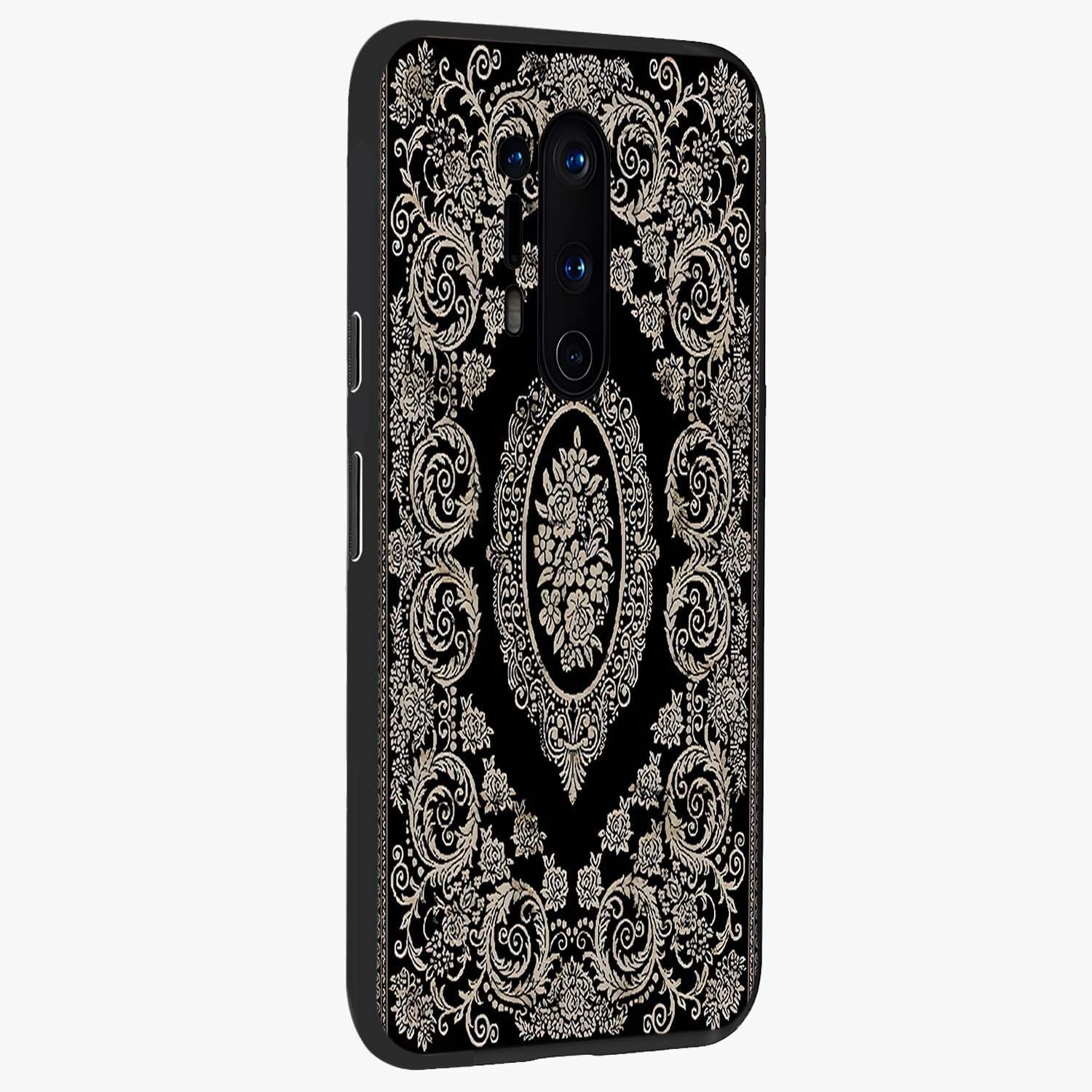 Noir Bloom Elegance Glass Case upright view showcasing graceful floral artwork with luxurious dark theme.