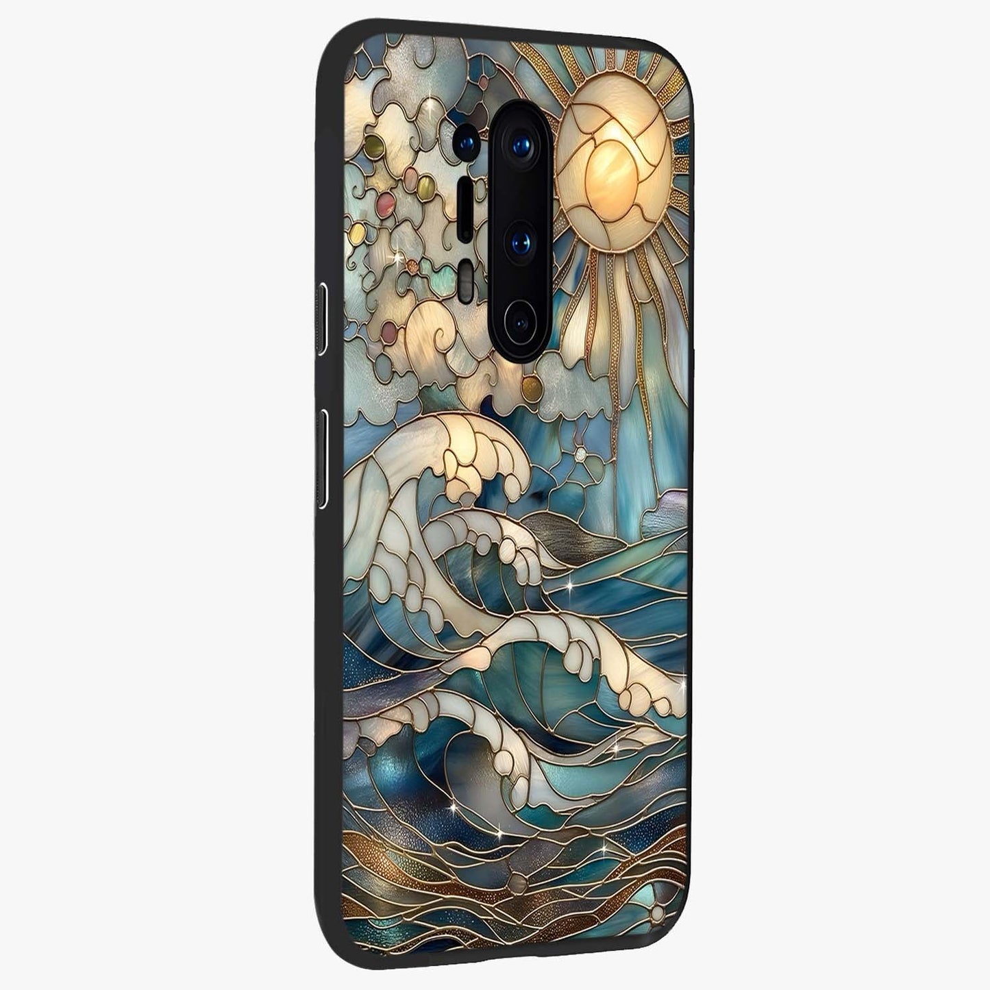 Oceanic Stained Printed Glass Case upright view showcasing decorative ocean pattern artwork with vibrant marine theme.