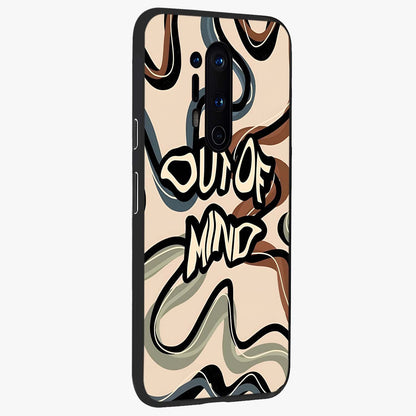 Out Of Mind Glass Case upright view showcasing striking typography artwork with edgy conceptual theme.