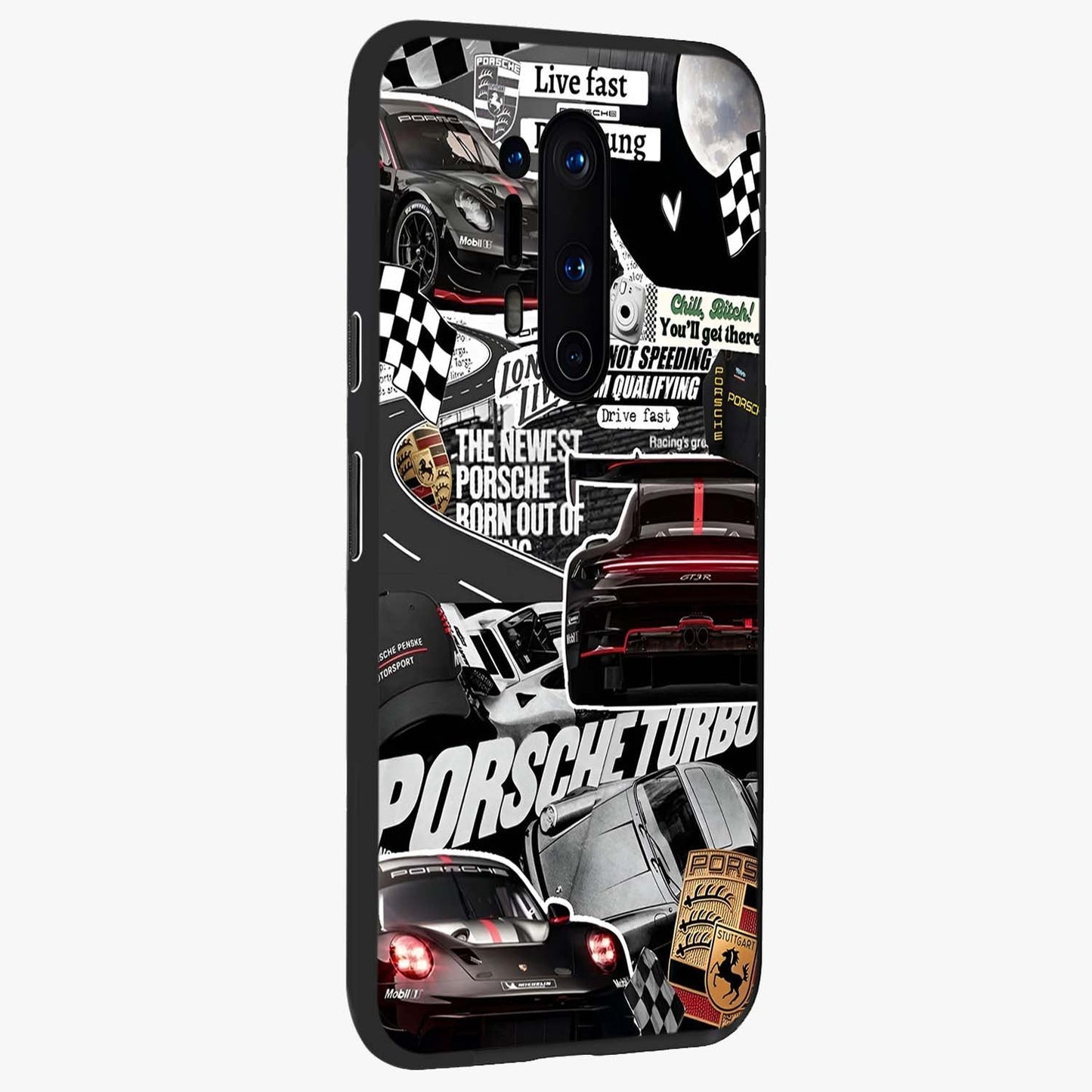 Porsche Racing Collage Glass Case upright view showcasing energetic car collage artwork with high speed racing theme.