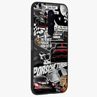 Porsche Racing Collage Glass Case upright view showcasing energetic car collage artwork with high speed racing theme.