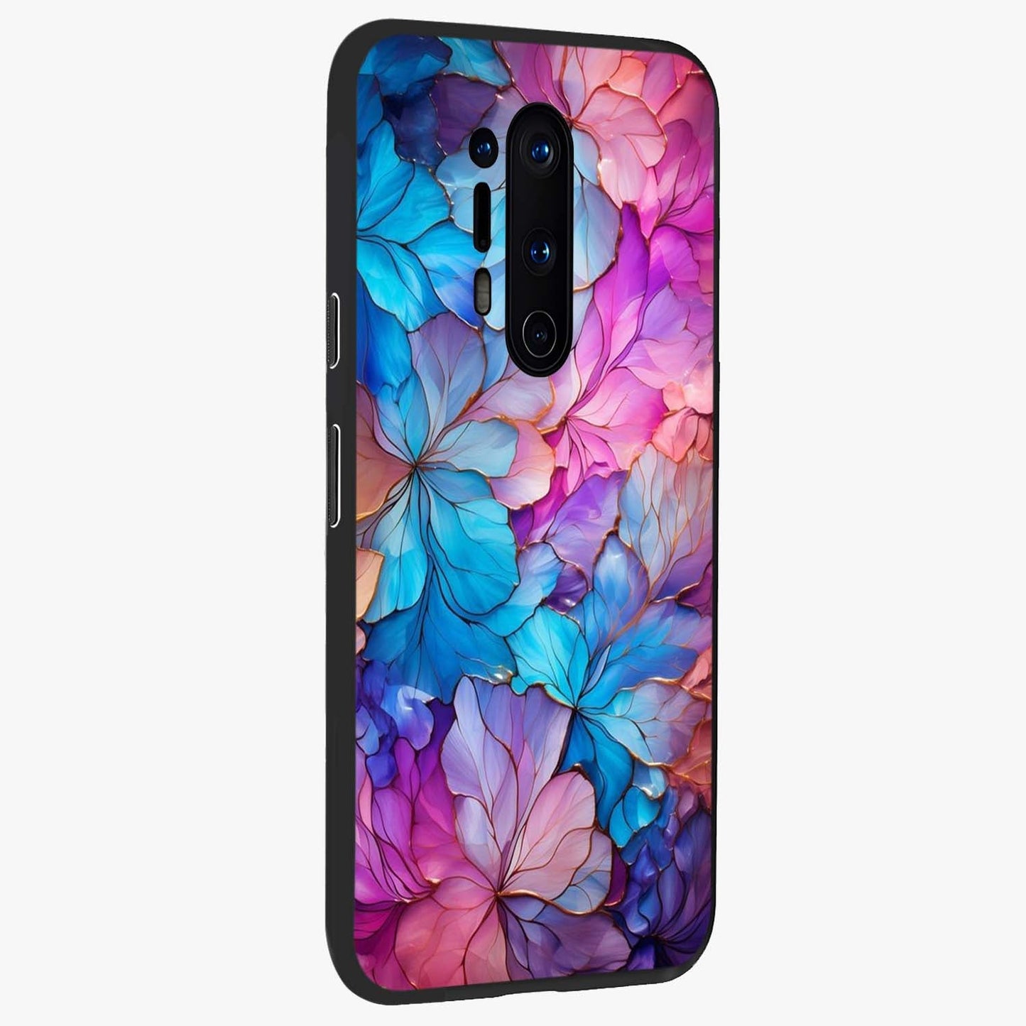 Radiant Floral Whirl Glass Case upright view showcasing lively floral artwork with decorative swirl theme.