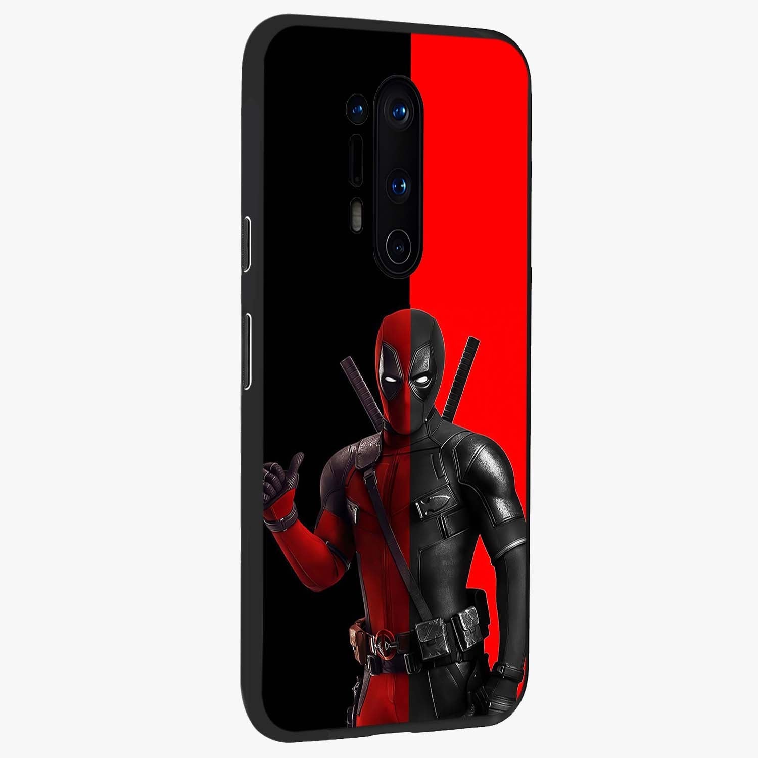 Red & Black Deadpool Theme Glass Case upright view showcasing energetic comic themed artwork with striking red and black design.