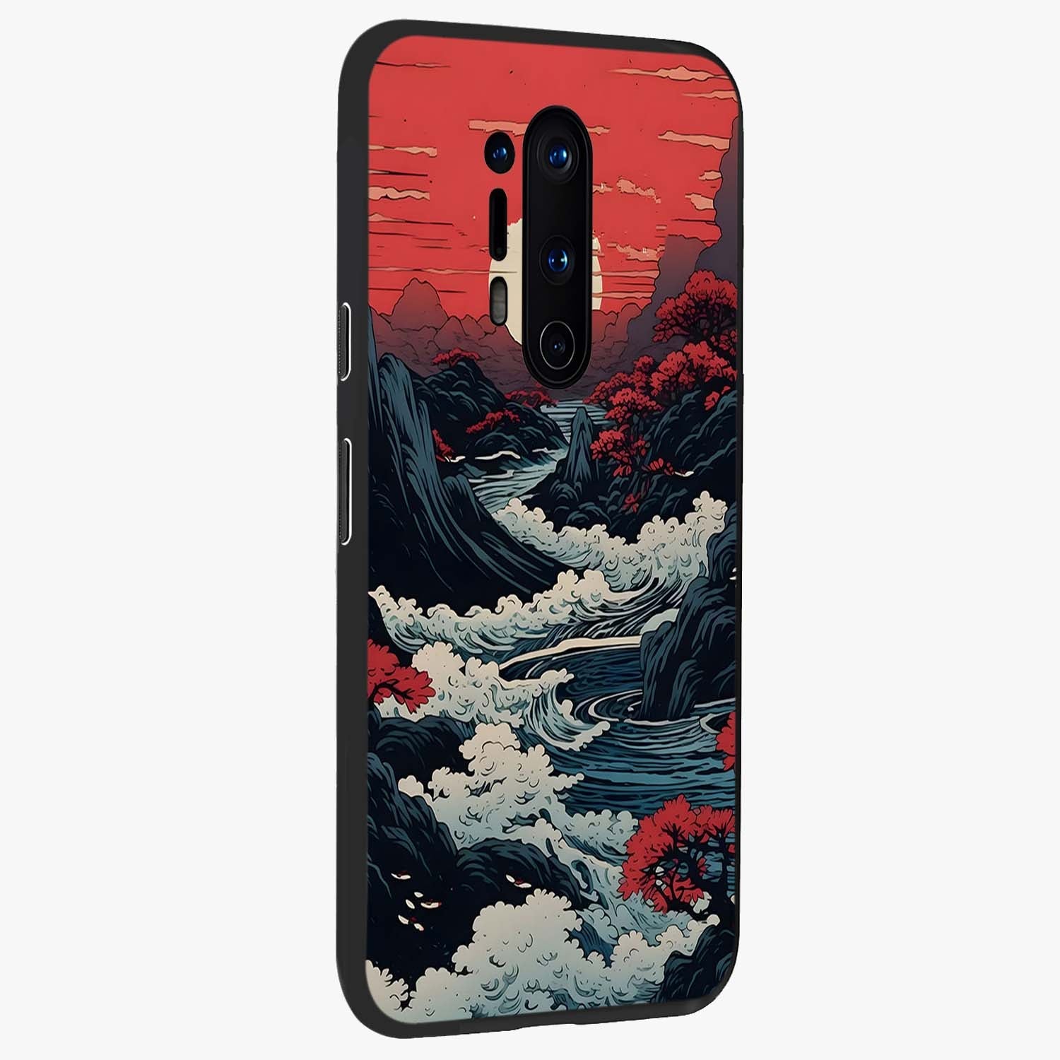 Red Sunset Scenery Glass Case upright view showcasing dramatic sunset scenery artwork with warm nature theme.