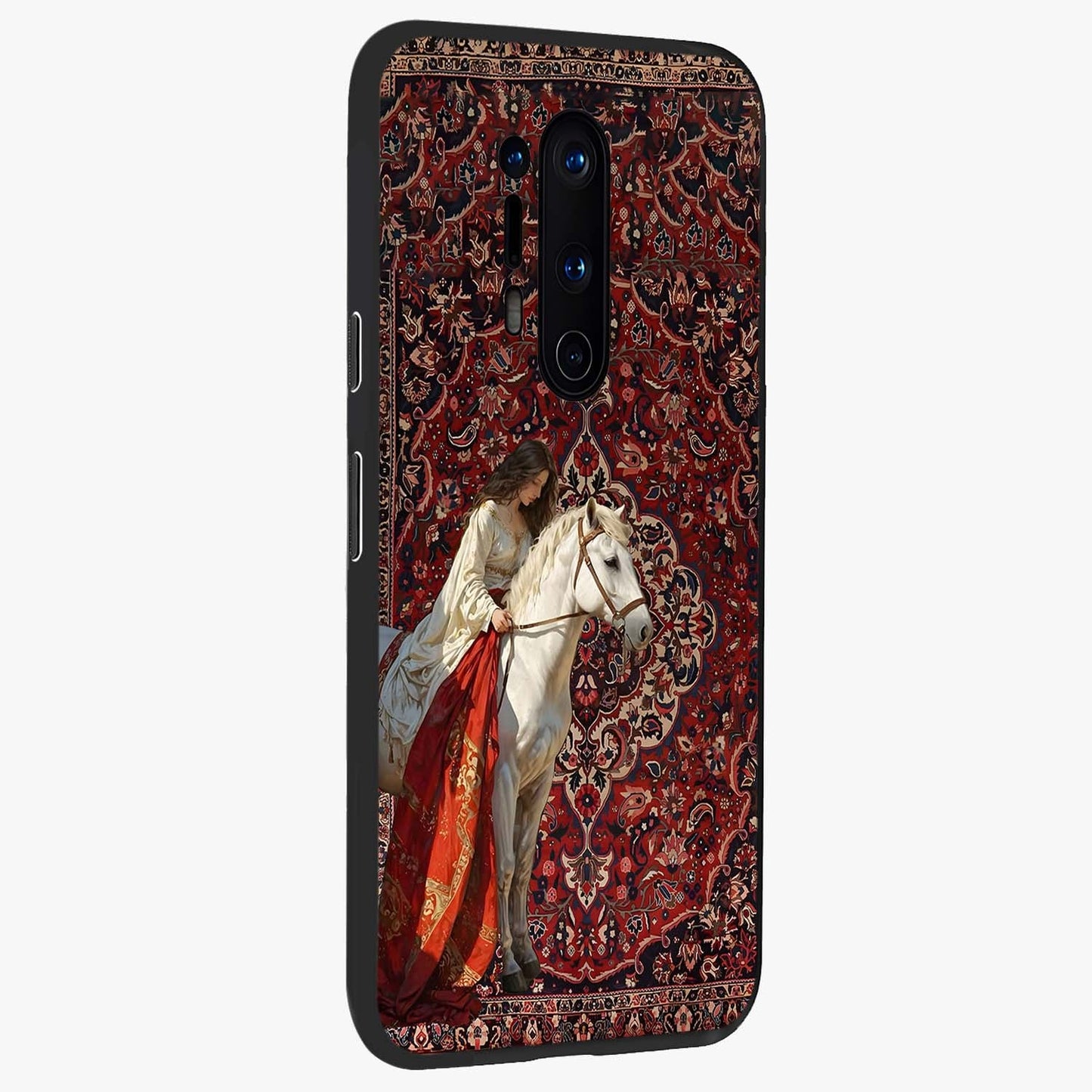 Royal Rider Tapestry Glass Case upright view showcasing detailed rider artwork with classic tapestry theme.