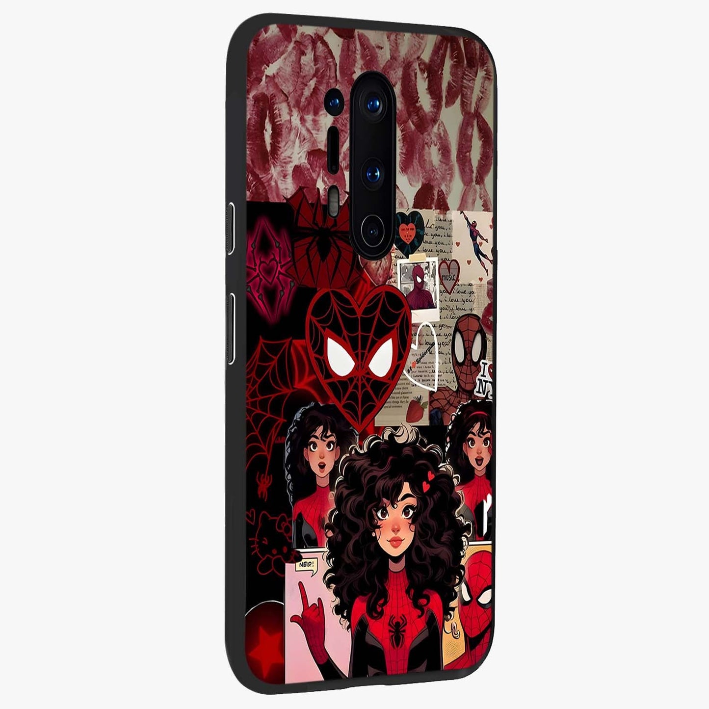 Spider Love Story Glass Case upright view showcasing charming superhero artwork with romantic comic theme.
