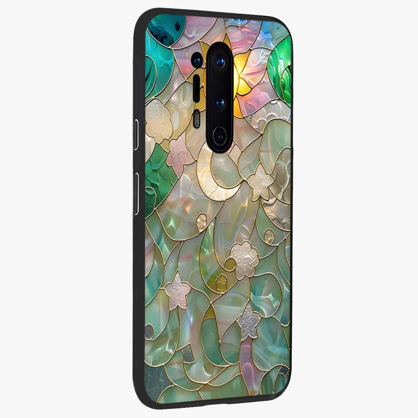 Stained Sunrise Glow Glass Case upright view showcasing colorful sunrise artwork with warm morning theme.