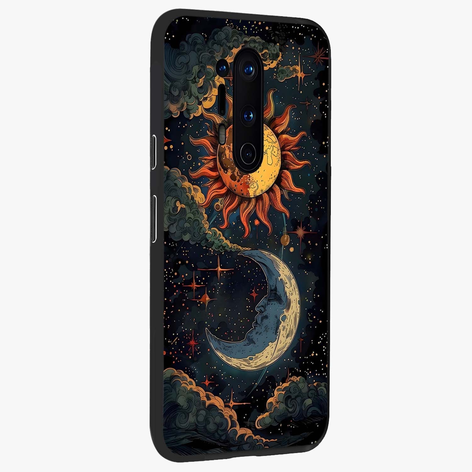 Sun And Moon Magic Design Glass Case upright view showcasing decorative sun and moon artwork with spiritual celestial theme.