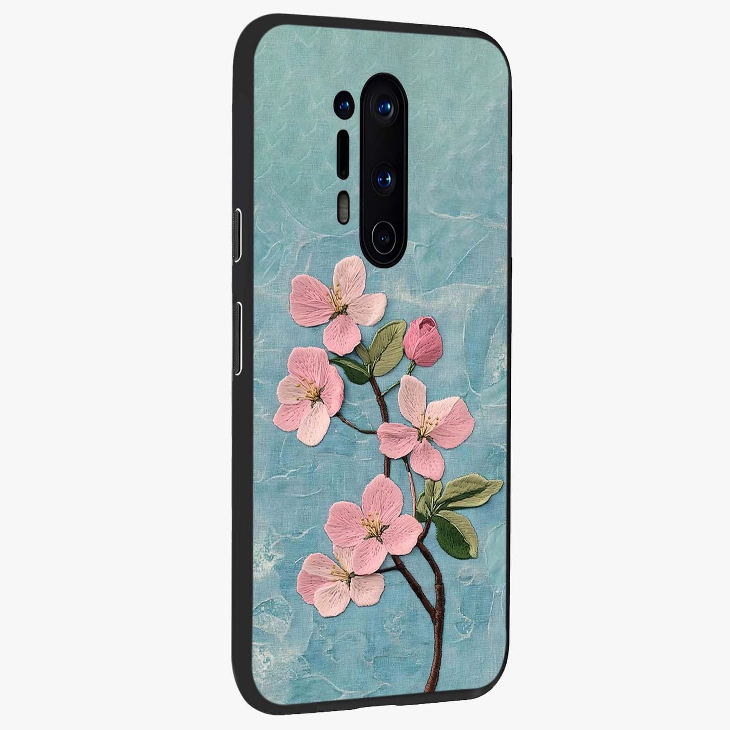 Threaded Blossom Breeze Glass Case upright view showcasing graceful flower artwork with calm botanical theme.