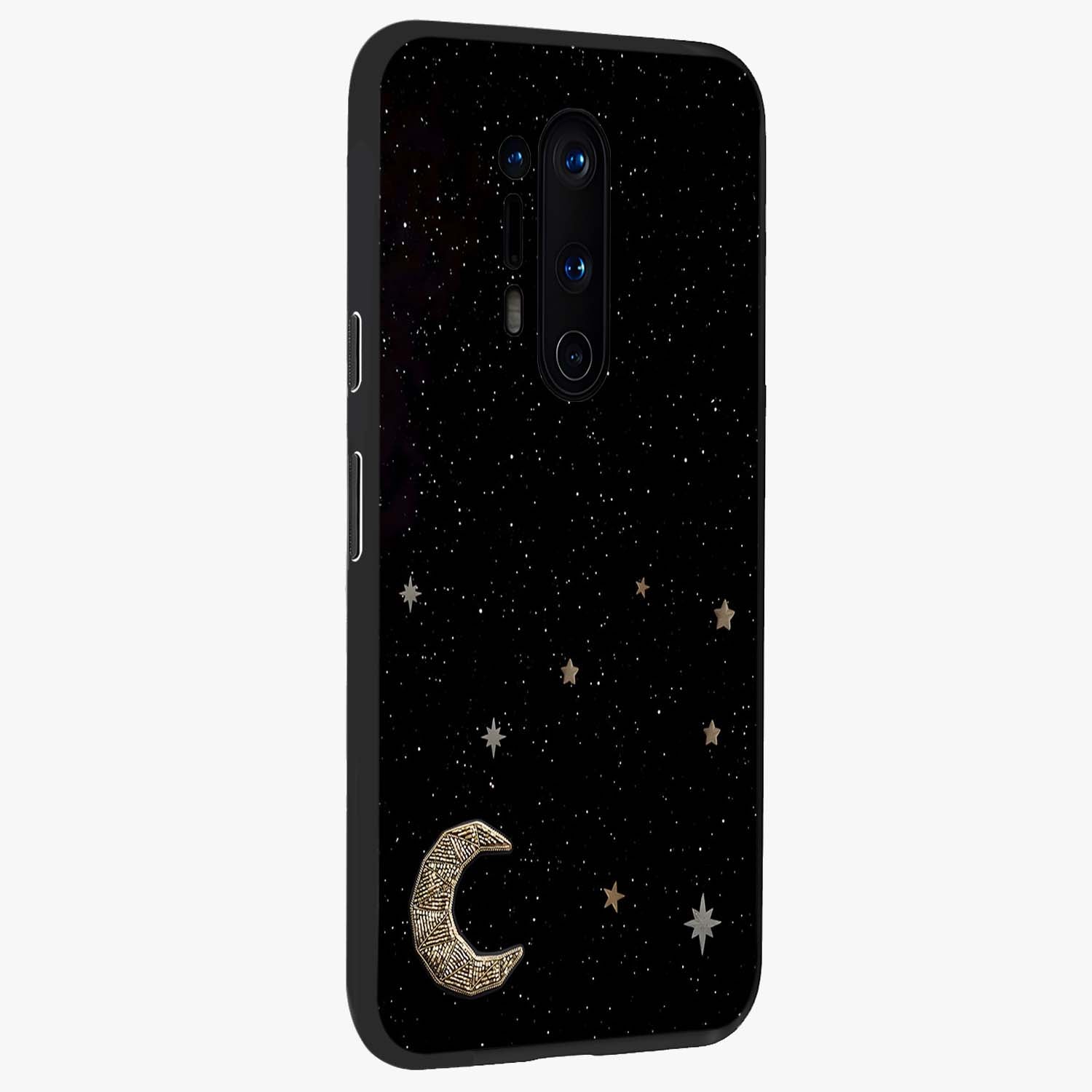 Twinkle Star With Half Moon Glass Case upright view showcasing glowing cosmic artwork with dreamy night theme.