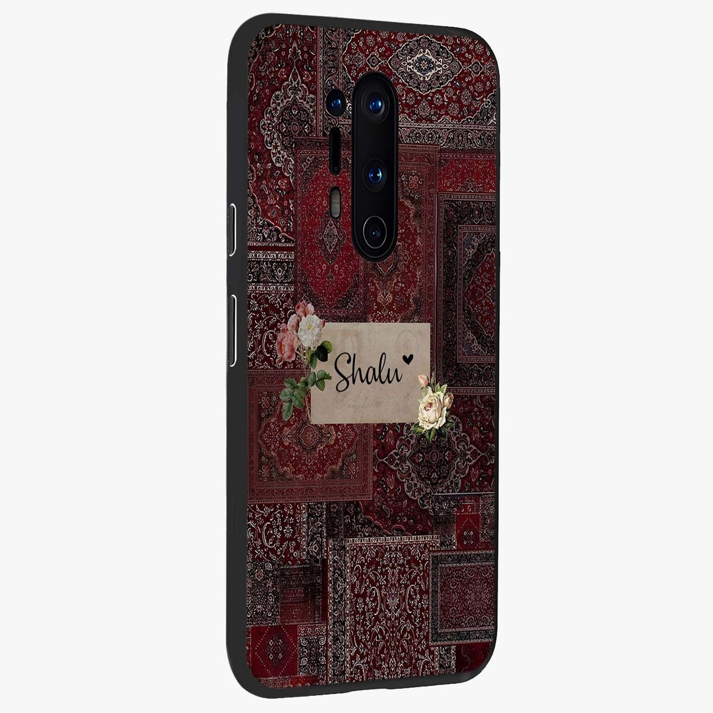 Velvet Wine Pattern Custom Name Glass Case upright view showcasing luxurious wine toned artwork with personalized aesthetic.